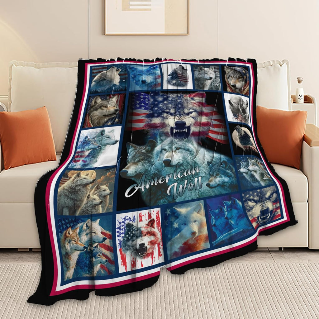 Wolf Throw Blanket American Flag Wolf Stuff Gifts for Kids Girls Boys Adults Women Men Soft Cozy Warm Plush Fluffy Fuzzy Fleece Blanket Decor 50''X60''