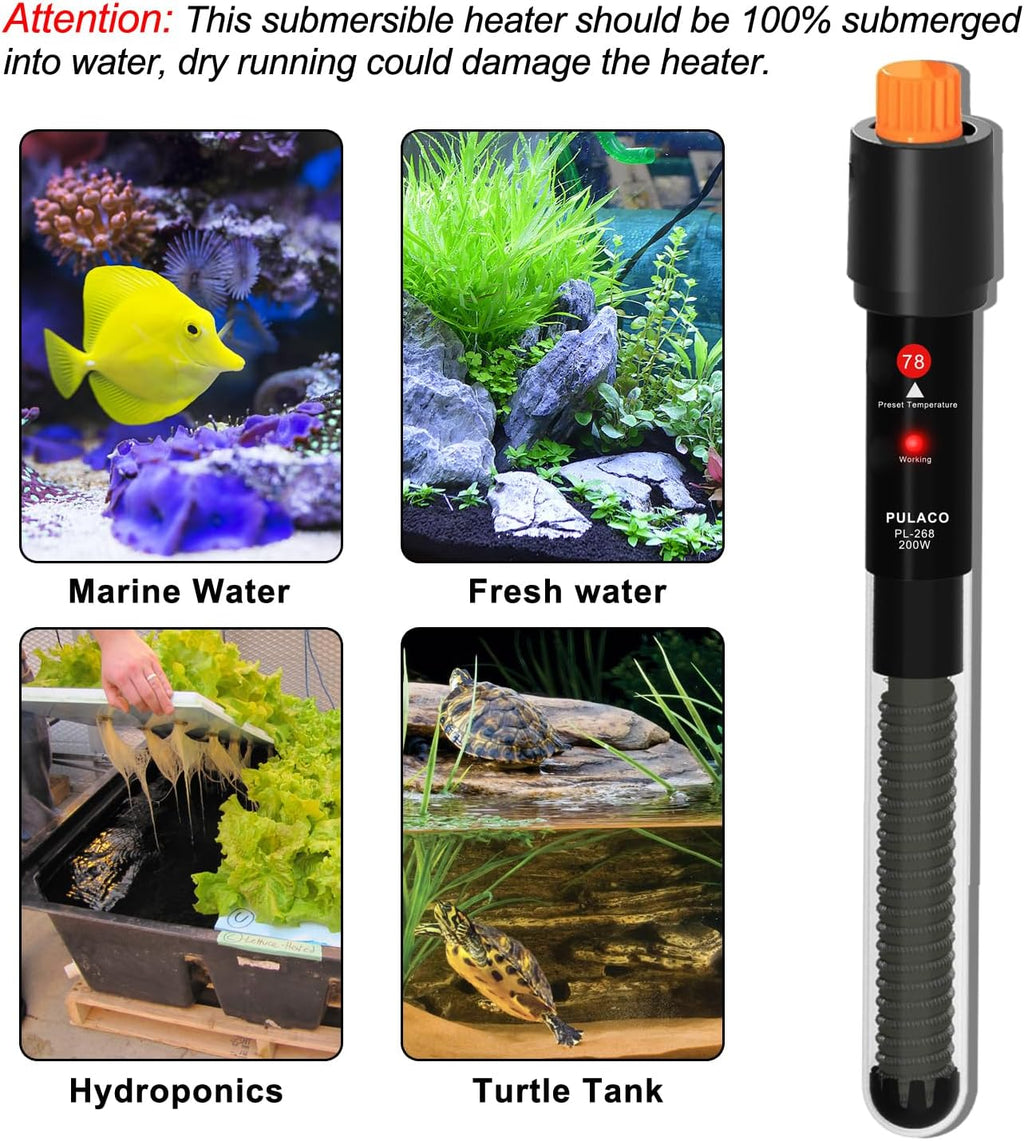 PULACO 200Watt Aquarium Heater for 20-40 Gallon Fish Tank, Adjustable Submersible Heater Thermostat with Thermometer Strip and Suction Cup