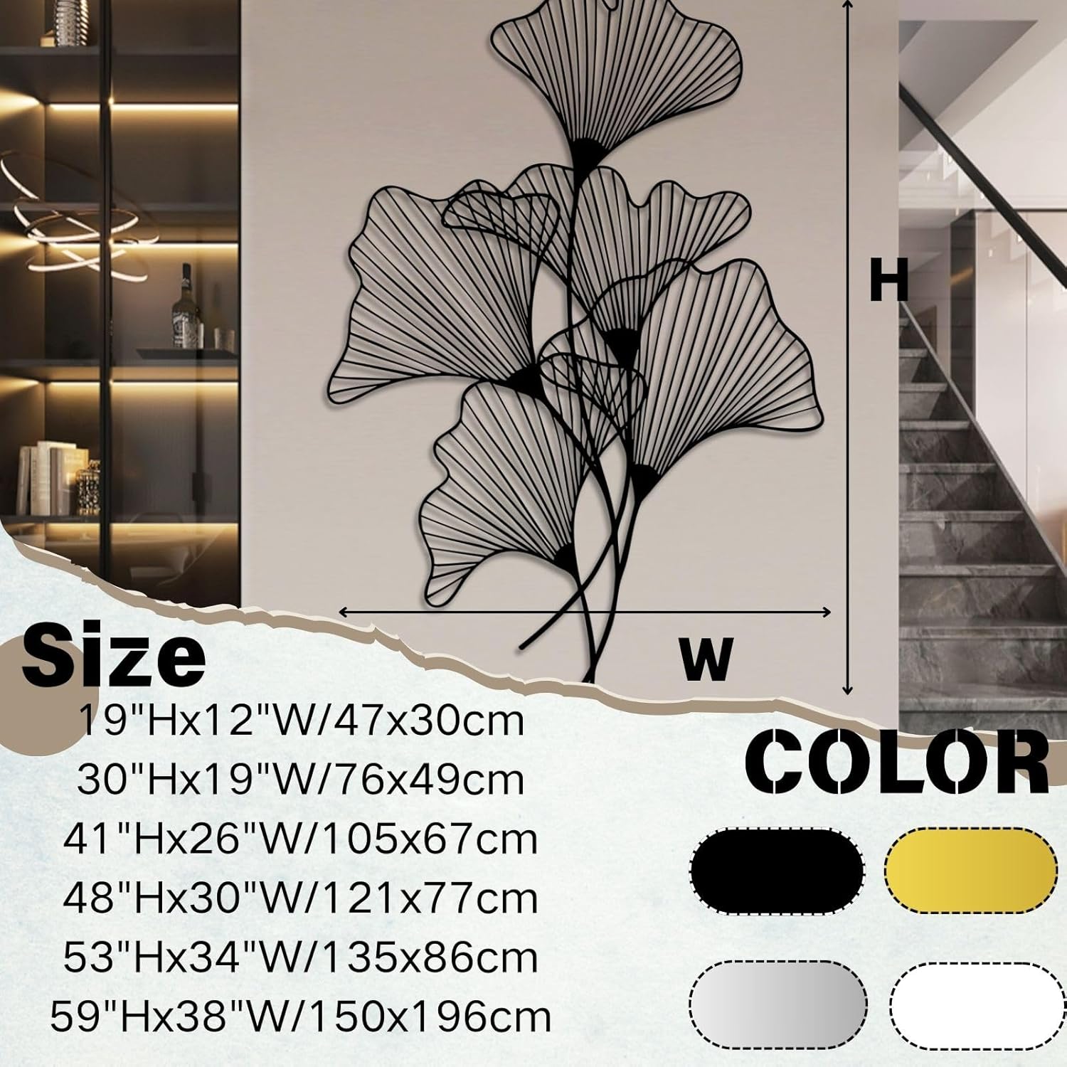 Ginkgo Leaf Metal Wall Art, Gingko Metal Wall Decor, Leaf Wall Art for Living Room, Bedroom, Office(Silver,53"Hx34"W/135x86cm)