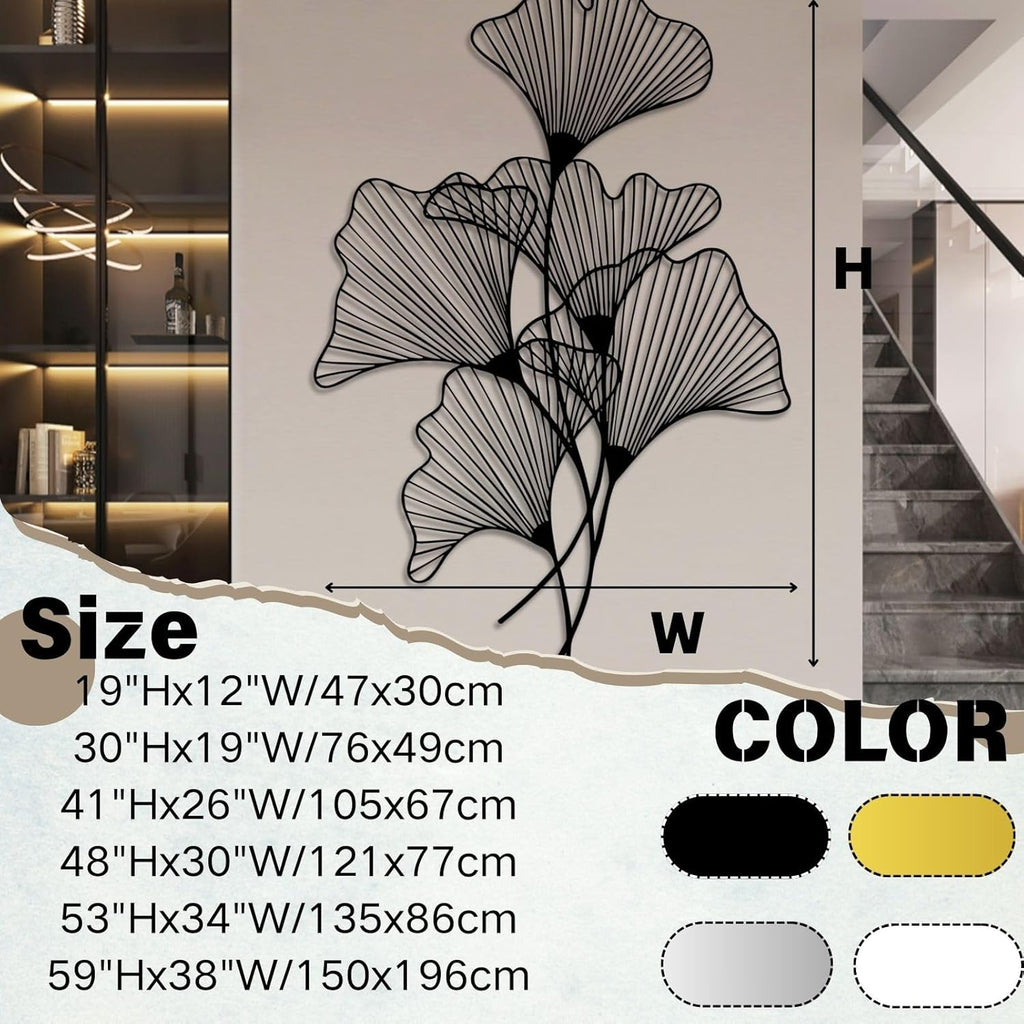 Ginkgo Leaf Metal Wall Art, Gingko Metal Wall Decor, Leaf Wall Art for Living Room, Bedroom, Office(Silver,48"Hx30"W/121x77cm)