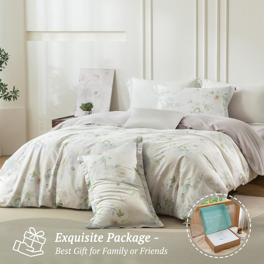MILDLY Cal King Size Duvet Cover Set 100% Long-Staple Cotton Luxury White Floral Patten Reversible Comforter Cover Set 3Pcs