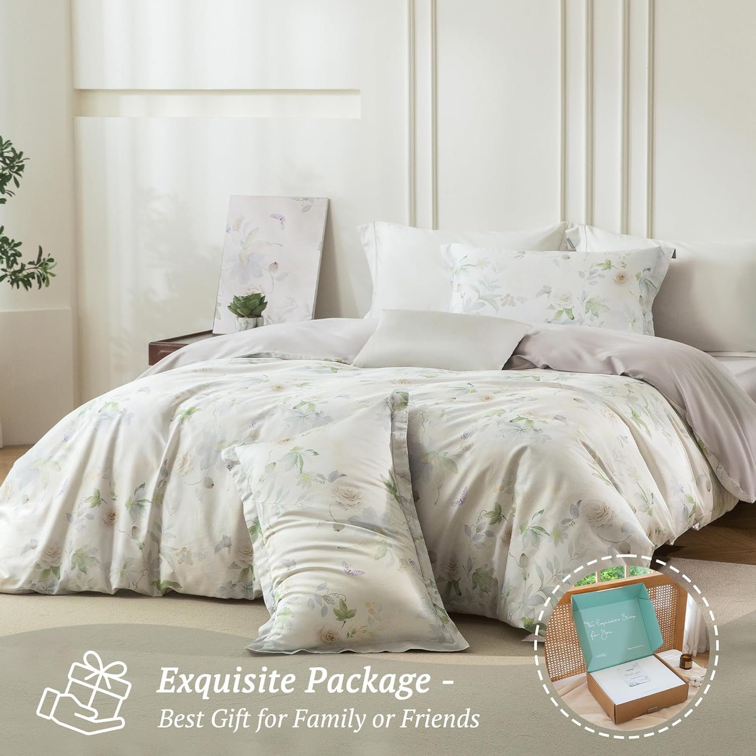 MILDLY Cal King Size Duvet Cover Set 100% Long-Staple Cotton Luxury White Floral Patten Reversible Comforter Cover Set 3Pcs