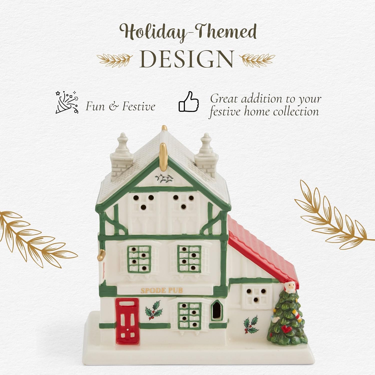 Spode Christmas Tree Miniature Figural LED Lighted Ceramic Dolomite Christmas Collectible for Indoor Display (Public House)