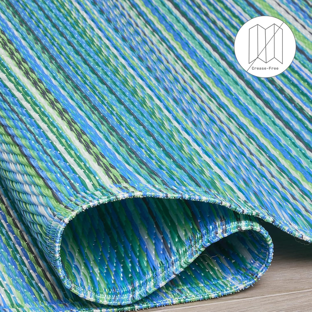 Fab Habitat Outdoor Rug - Waterproof, Fade Resistant, Crease-Free - Premium Recycled Plastic - Striped - Large Patio, Deck, Sunroom, Camping, RV - Cancun - Turquoise & Moss Green - 8 x 8 ft