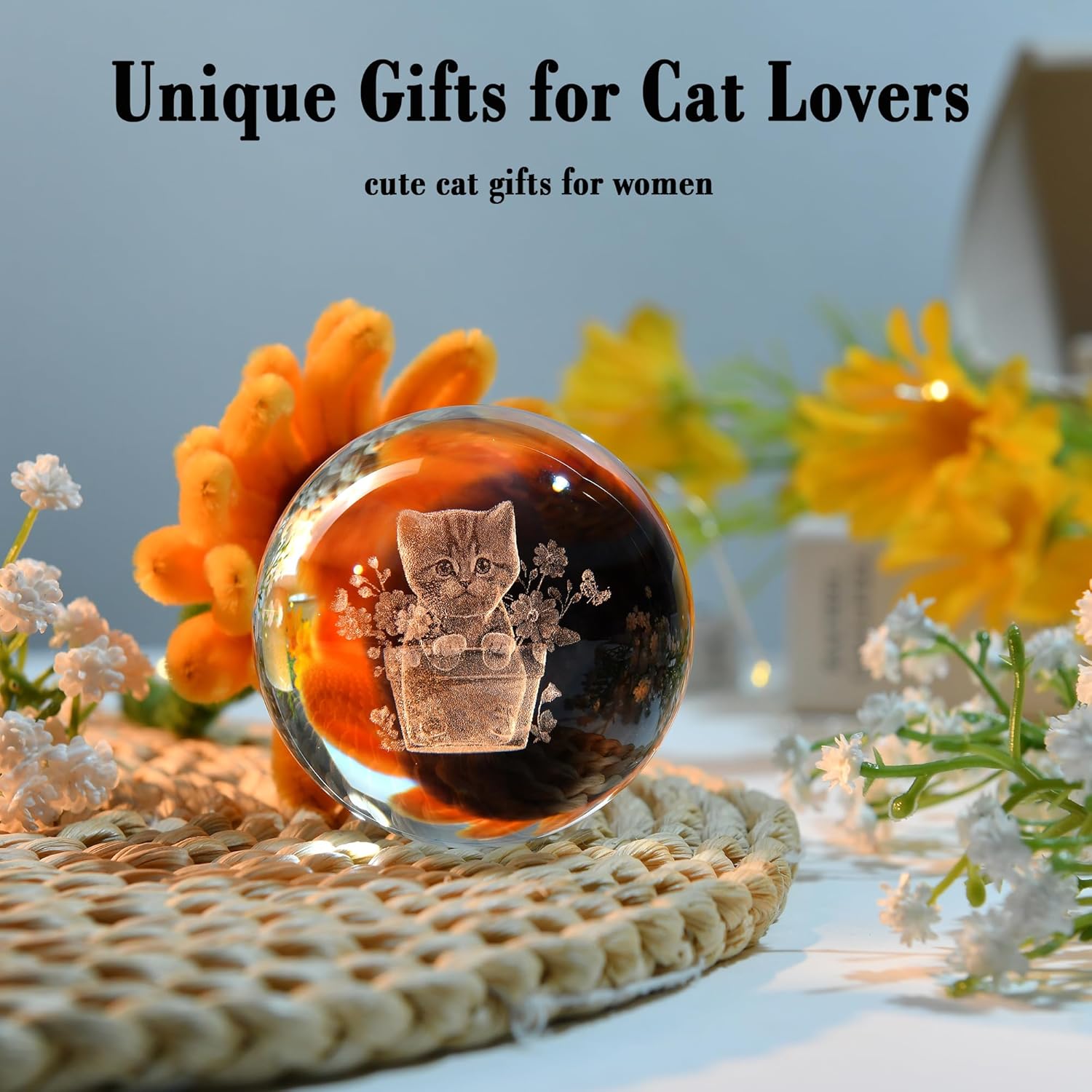 IFOLAINA 3D Flower Pot Cat Crystal Ball Cat Lover Gifts for Women Girl Birthday Christmas Cute Crystal Pet Sphere Decor
