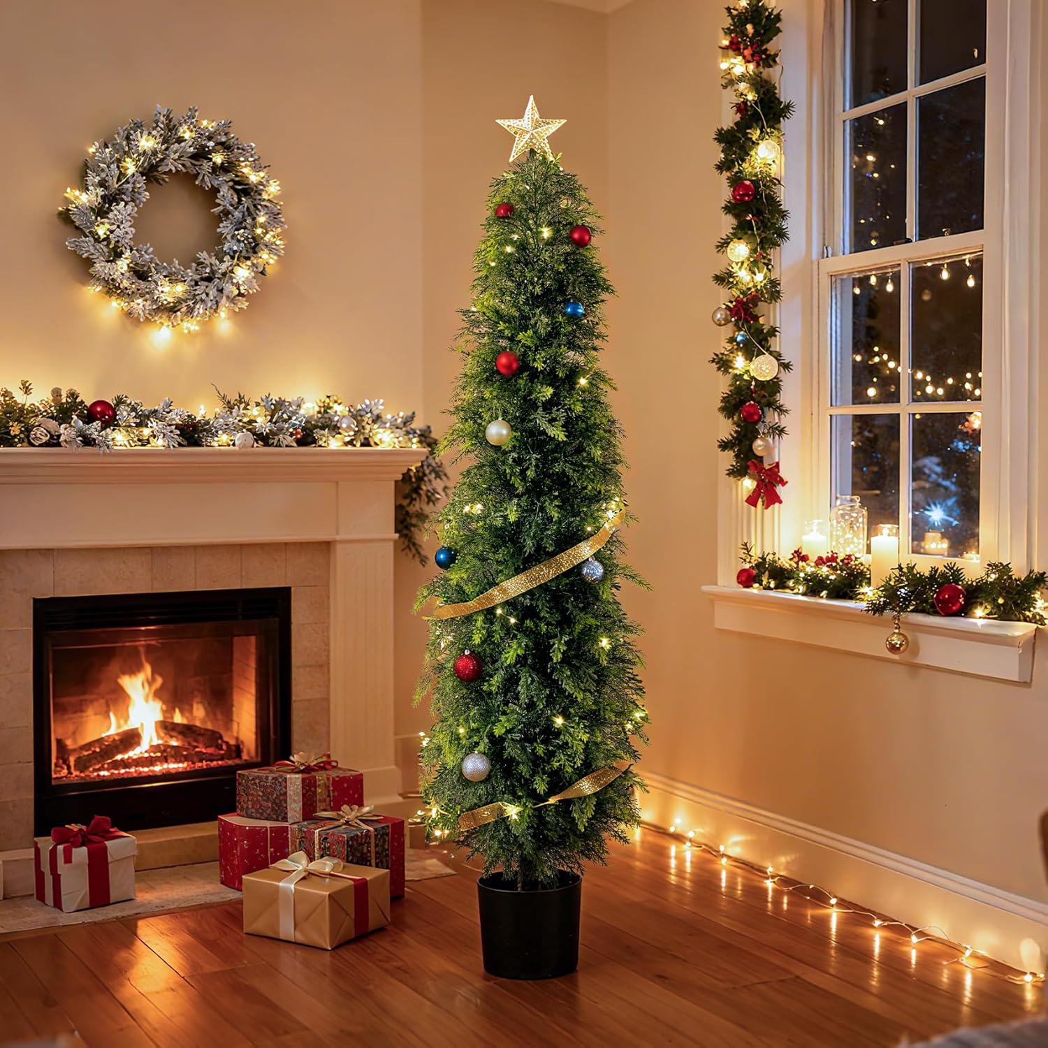 2PCS 5ft Artificial Norfolk Pine Tree Artificial Christmas Tree Premium Pine Xmas Tree Branch Tip Easy Setup, Artificial Pencil Realistic Pine Needles Realistic Holiday Party Decor