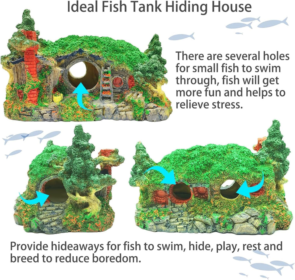 Tfwadmx Fish Tank Hobbit Decorations,Resin Small Fish Cave Hideout House,Aquarium Decor Hide Hole Shelter Castle Hut Ornaments Mini Garden Decorating Accessories