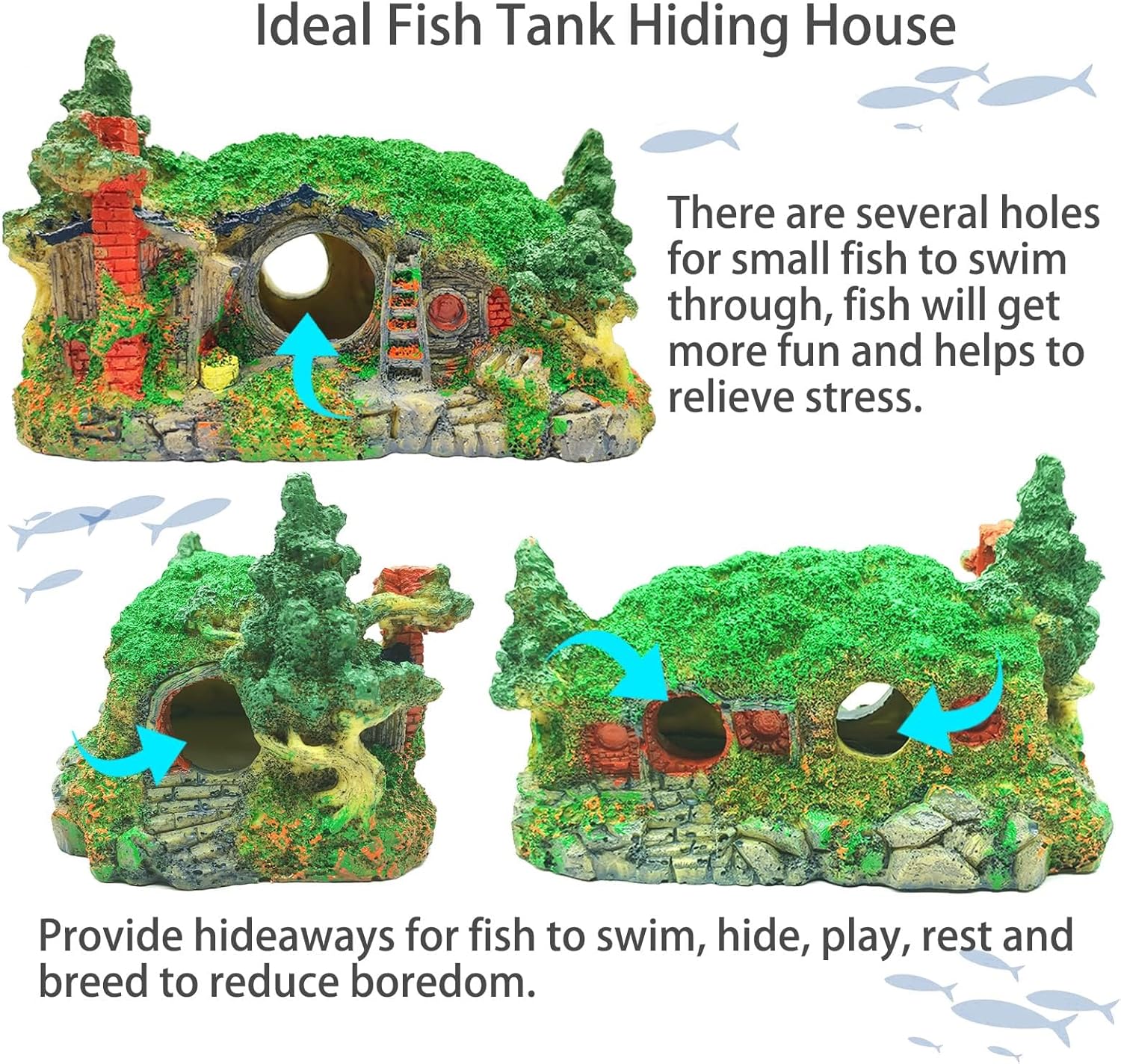 Tfwadmx Fish Tank Hobbit Decorations,Resin Small Fish Cave Hideout House,Aquarium Decor Hide Hole Shelter Castle Hut Ornaments Mini Garden Decorating Accessories