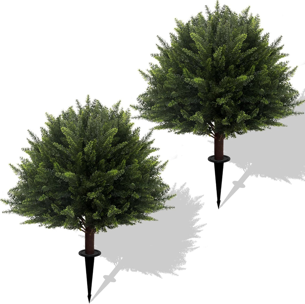 Set of 2 Artificial Cypress Trees, Artificial Cedar Topiary Ball Trees,23 Inch UV Resistant Fake Evergreen Shrubs with Ground Spike for Outdoor Indoor Porch, Garden, Planters