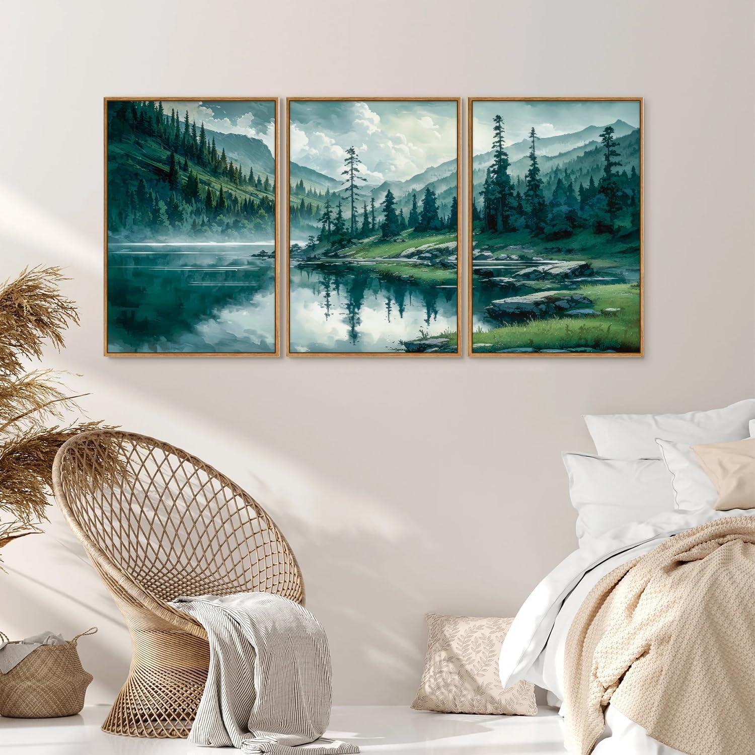 Tinonedraw Large Nature Forest Framed Canvas Wall Art Set, Boho Mountains Calming Lake Wall Decor, Green Pine Trees Artwork, Northern Wilderness Art Painting for Living Room Bedroom Office 24"x36"x3