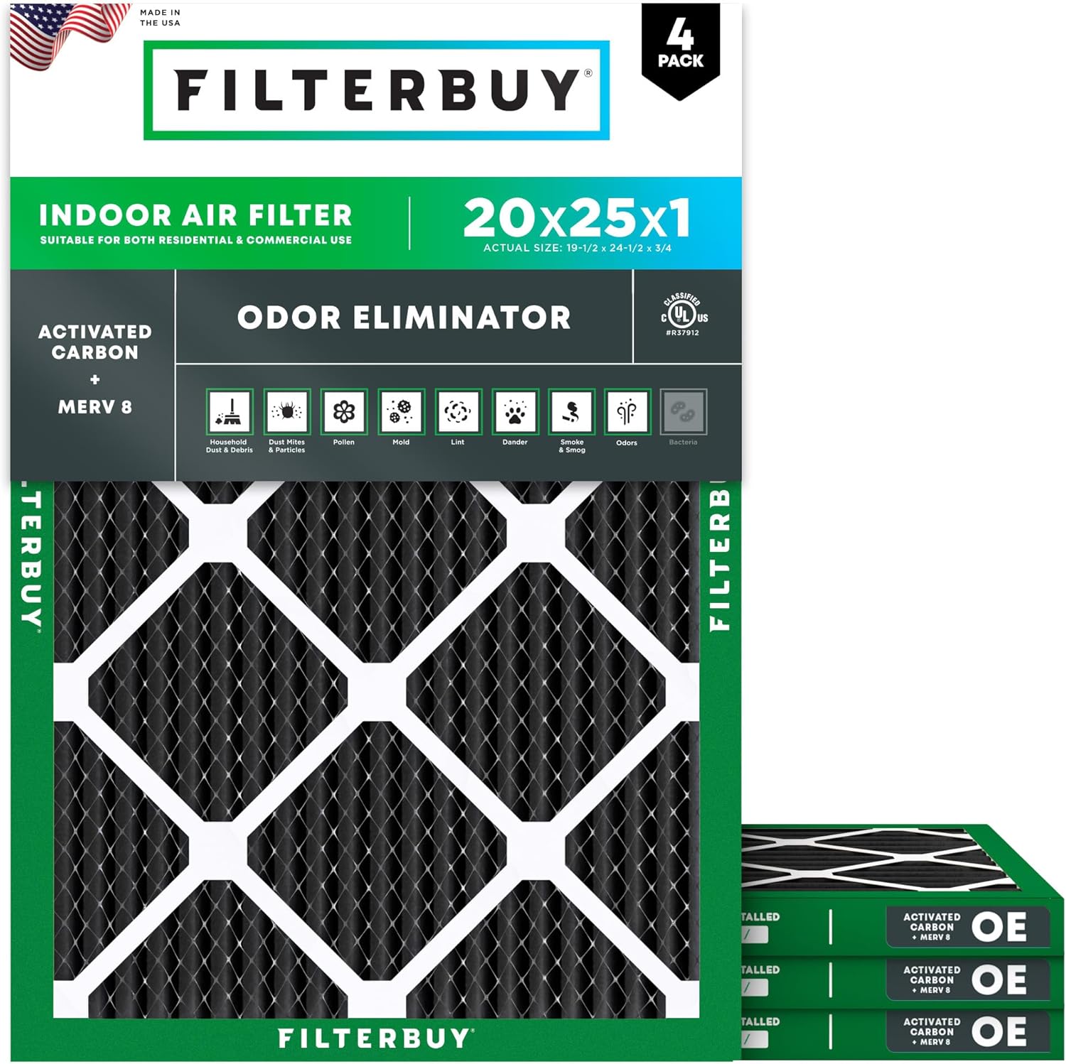 Filterbuy 20x25x1 Air Filter MERV 8 Odor & Allergy Defense with Activated Carbon (4-Pack), Electrostatic Pleated HVAC AC Furnace Filters Replacement, Made in USA (Actual Size: 19.50 x 24.50 x 0.75)
