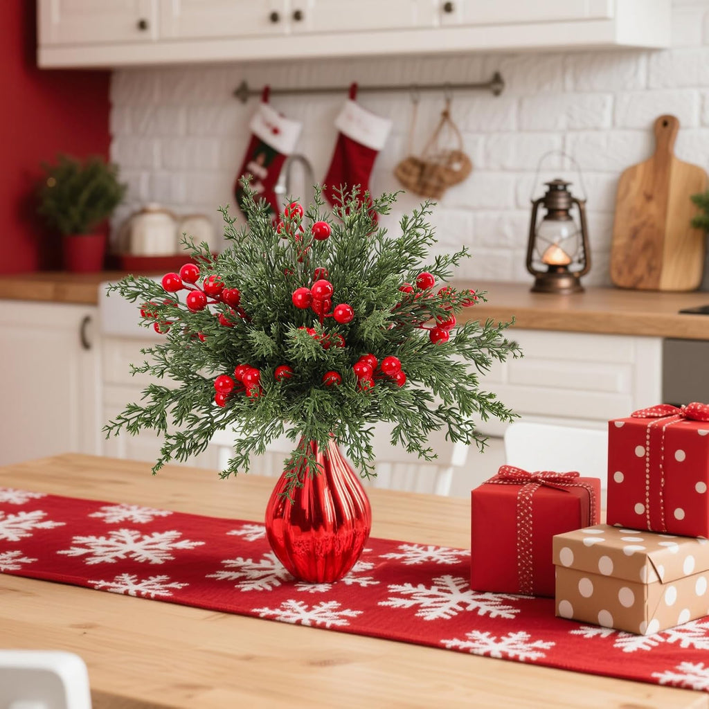 Dapclca 50 Pcs Christmas Artificial Pine Branches with Red Berry Stems, 10.5" Faux Evergreen Norfolk Pine Cypress Leaves Stems- Fake Foliage Pine Needles Picks for DIY Craft Garland Home Décor