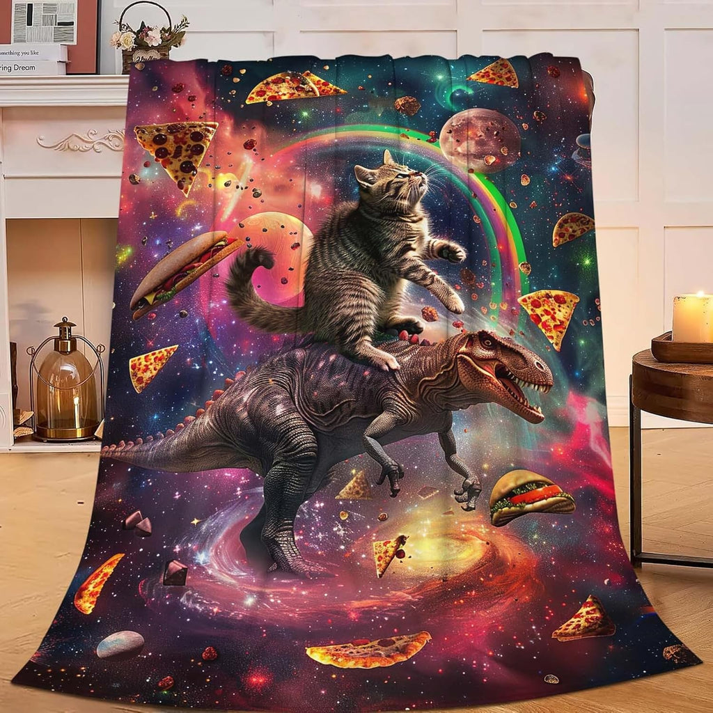 Dinosaur Cat Throw Blanket Funny Hamburger Pizza Dinosaur Cat Stuff Gifts for Kids Girls Boys Adults Women Man Soft Cozy Warm Plush Fluffy Fuzzy Fleece Blanket Decorr 60''X80''