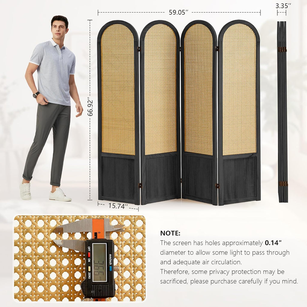 Room Divider 4 Panels, Folding Privacy Screen, Foldable Wood Rattan Room Divider Panel, Portable Partition Screen, Wall Divider for Room Separation Bedroom Home Office Garden Terrace (Black)
