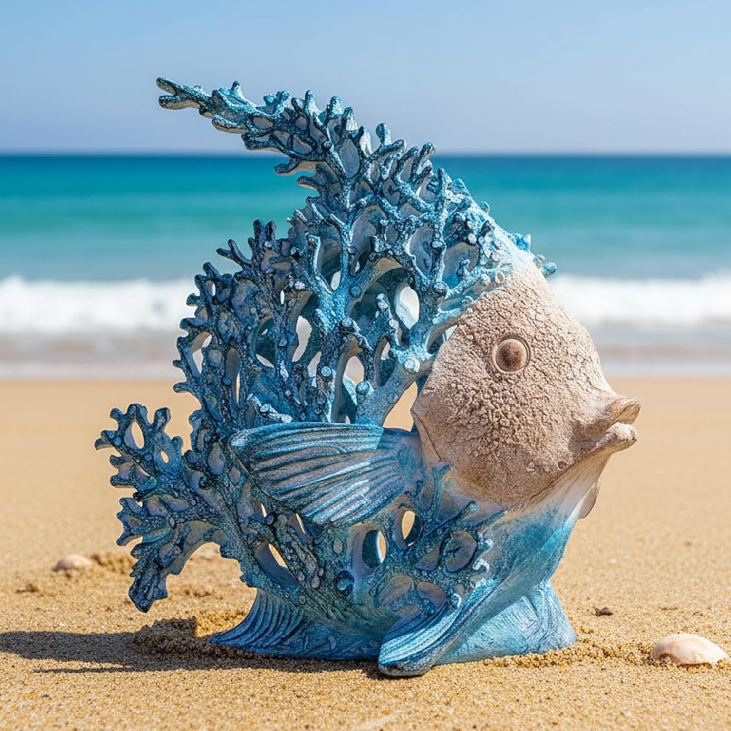 Beach Coastal Decor – 9.8in Turquoise Coral Reef Angelfish Figurine, Modern Nautical Ocean Sculpture Centerpiece for Living Room, Bathroom, Shelf, Coffee Table, Office or Beach House Gift