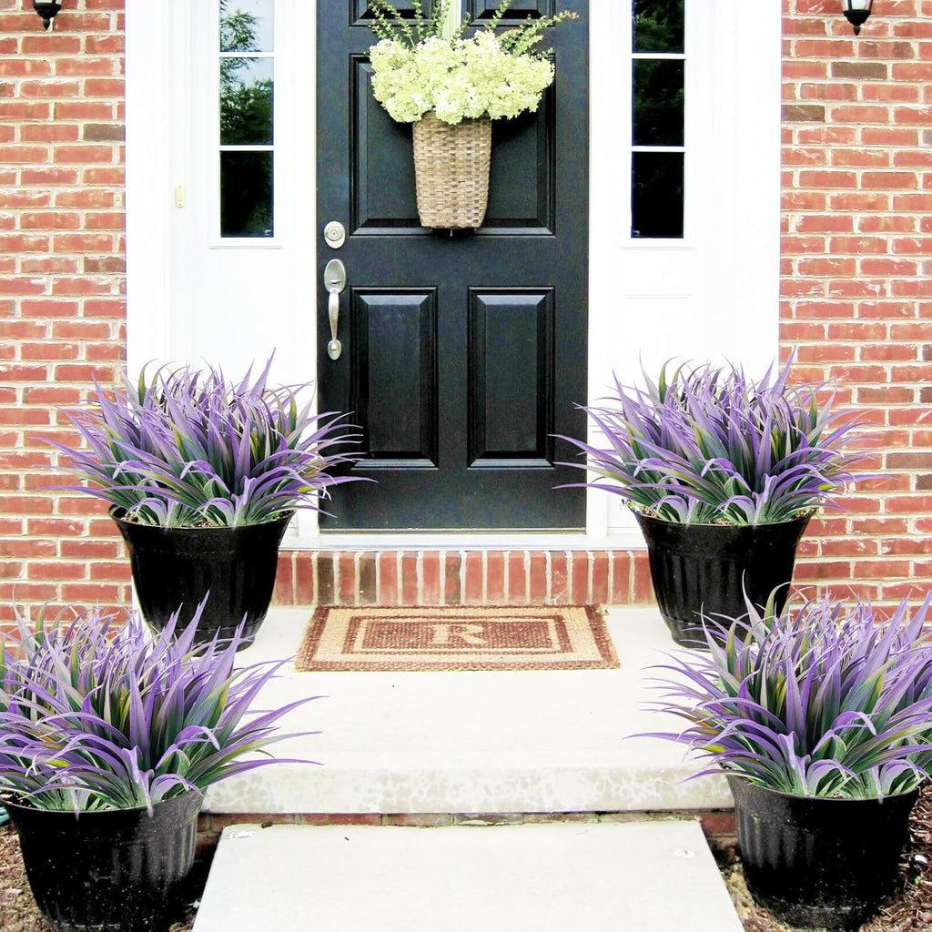 8Pcs Artificial Grass Plant Fake Outdoor Plastic Plants UV Resistant Faux Grasses Greenery Shrubs for Window Box Garden Patio Porch Home Decor Light Purple