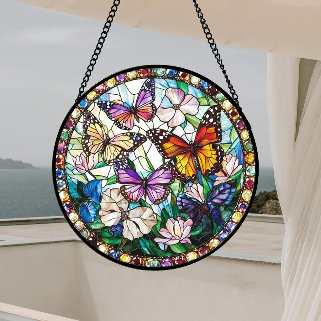 Stained Glass Window Hanging, Colorful Butterfly Suncatcher for Doors Home Sun Catchers Decoration and Christmas, Mother's Day Birthday Gifts for Women, Men, and Mom 14.9x14.9 in