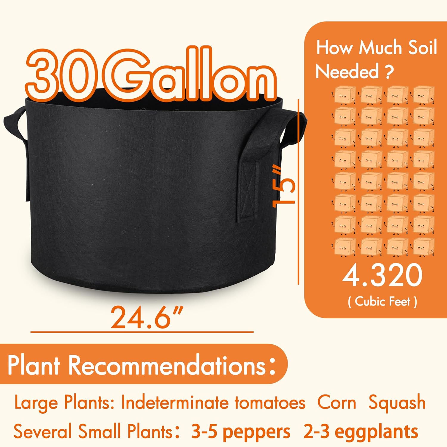Gardzen 30 Gallon Grow Bags with Waterproof Liner, 500G Thick Nonwoven Fabric Pots, Cuts Watering by 50% in Hot Dry Climates, for Patio Balcony Use (6-Pack)