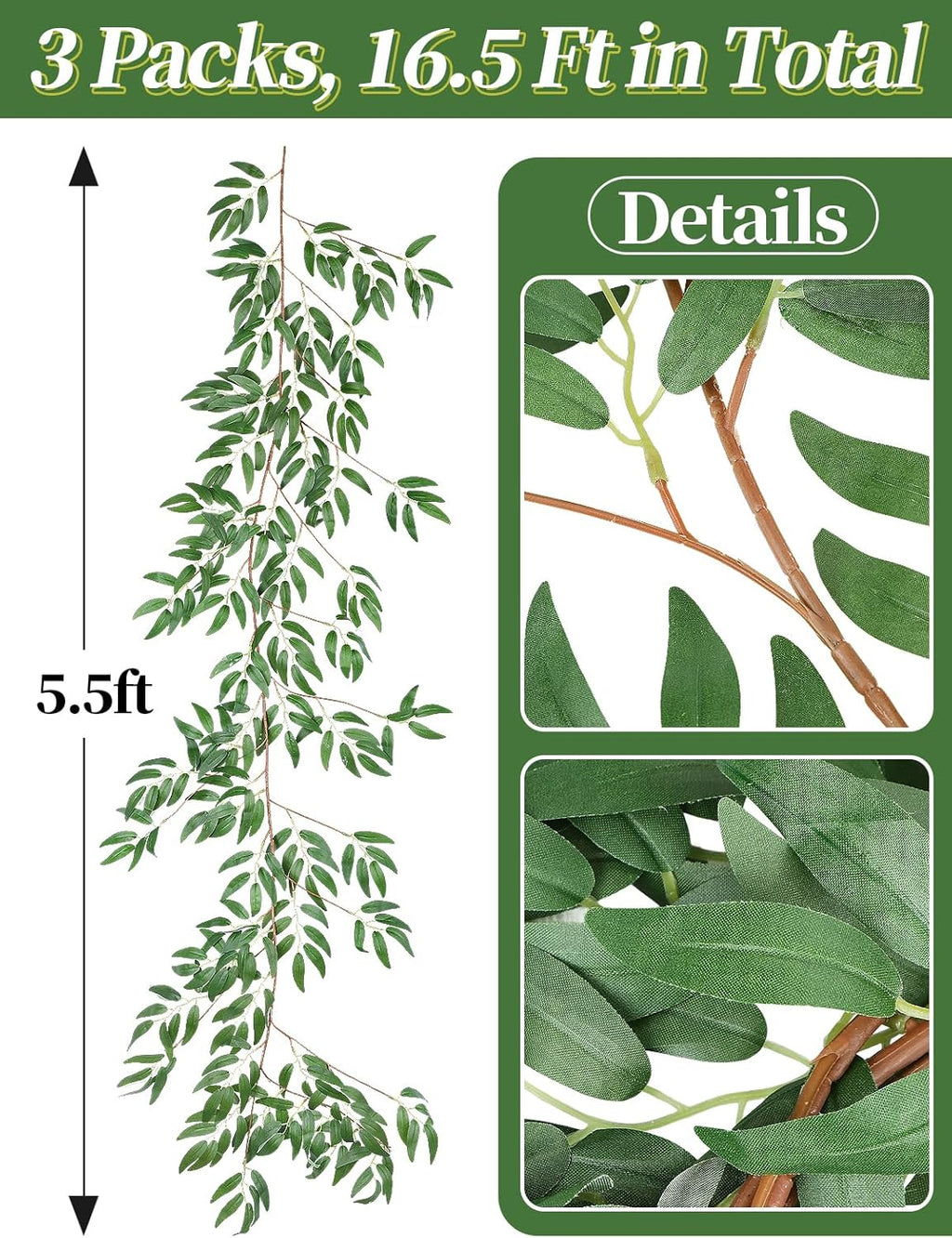 ANPHSIN Fake Vines Greenery Garland - 3 Packs Total 16.5ft Green Willow Leaf Vine Garland, Artificial Leaves Wall Hanging Decor for Home, Room, Wedding Arch, Centerpieces