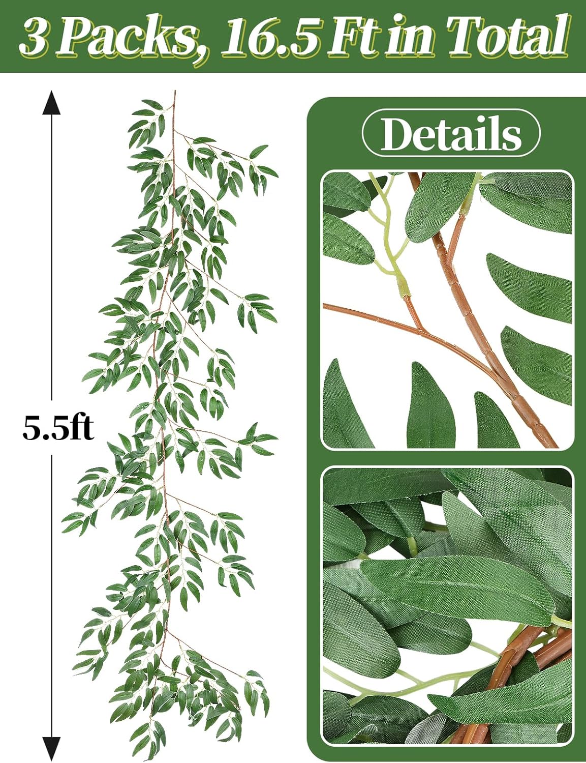 ANPHSIN Fake Vines Greenery Garland - 3 Packs Total 16.5ft Green Willow Leaf Vine Garland, Artificial Leaves Wall Hanging Decor for Home, Room, Wedding Arch, Centerpieces