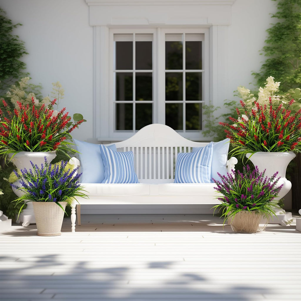 Artificial Flowers for Outdoor Plants 24 Bundles Fake Lavender Plastic Faux Monkey Grass for Verandah Window Garden Office Patio Front Porch UV Resistant for Planter(Red)