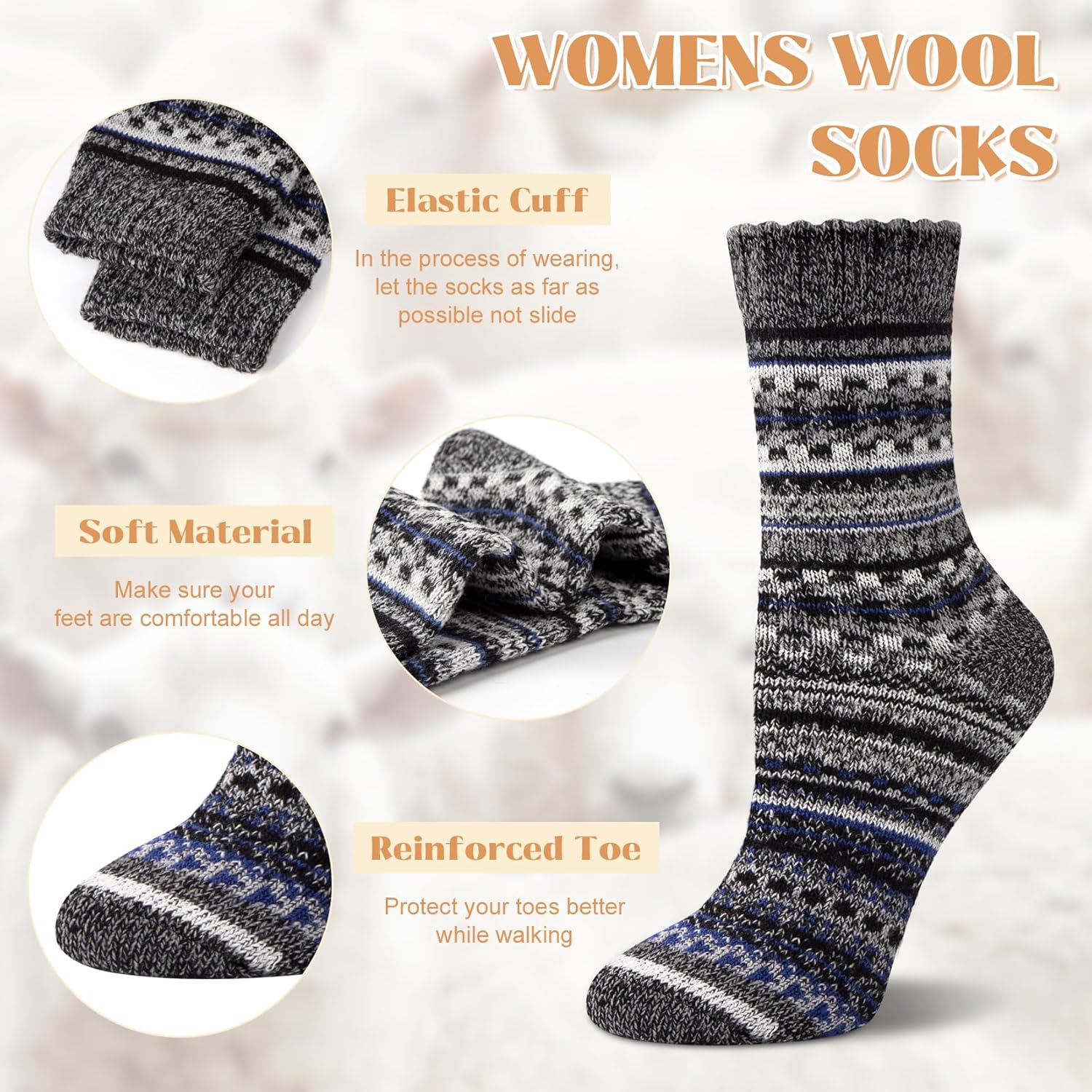 Justay 5 Pairs Wool Socks for Women - Winter Thick Boot Cozy Crew Vintage Soft Calf Knit Warm Socks Gifts