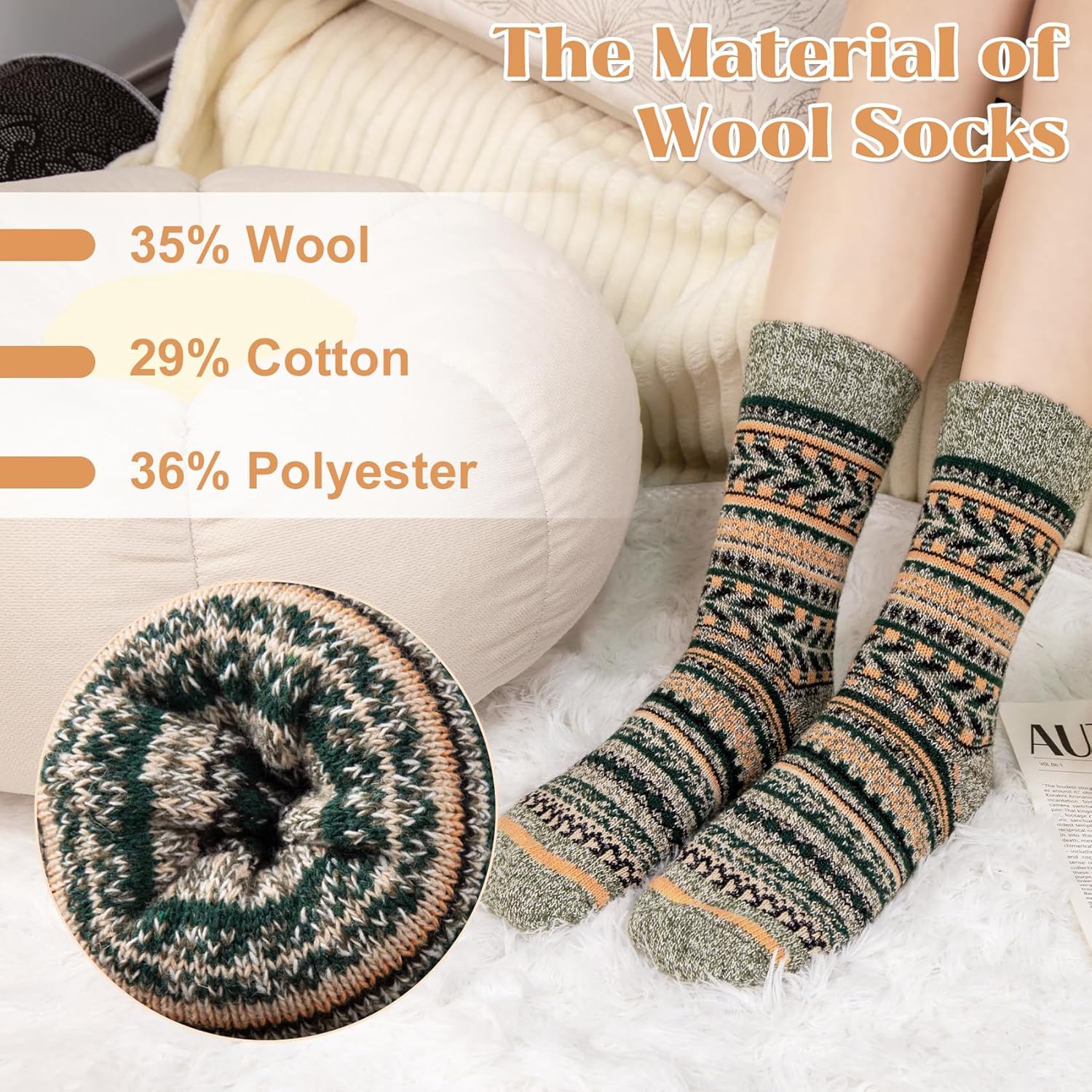 Justay 5 Pairs Wool Socks for Women - Winter Thick Boot Cozy Crew Vintage Soft Calf Knit Warm Socks Gifts
