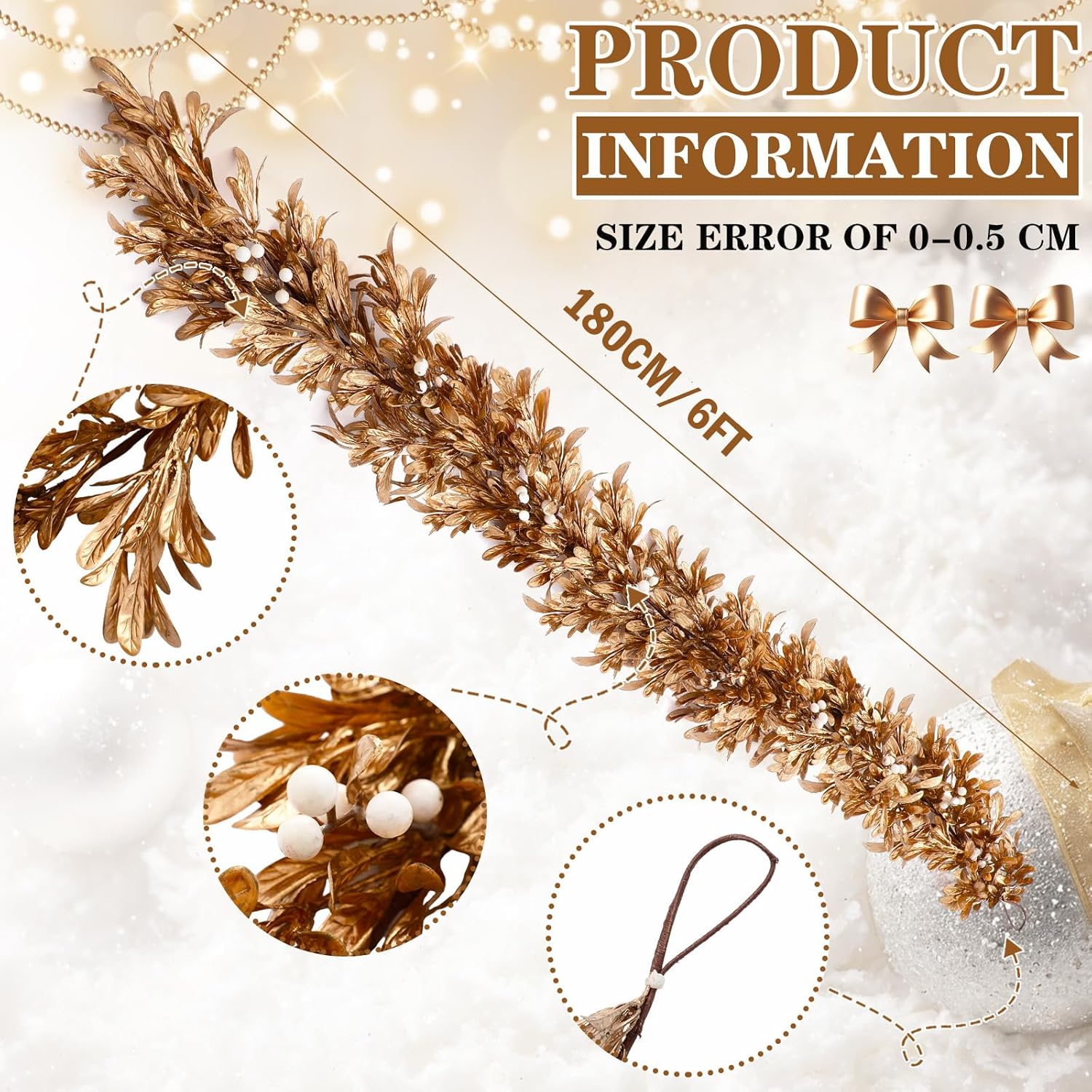 Dingion 6 Ft Christmas Gold Leaf Garland Artificial Boxwood Leaf Garland with Pearl White Berry for Christmas Fireplace Front Door Stairs Decoration Winter Engagement Birthday Wedding Party Supplies