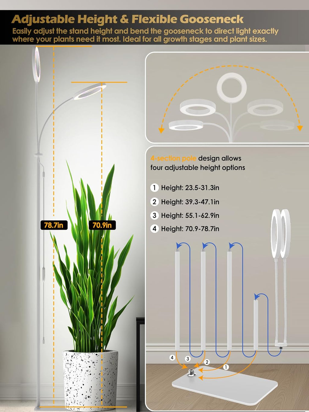 GLOWRIUM Grow Lights for Indoor Plants, Full Spectrum LED Grow Light, Stepless Dimming,3 Lighting Mode and Adjustable Height, Plant Light with 3/9/12/16H Timer (White, 24W)