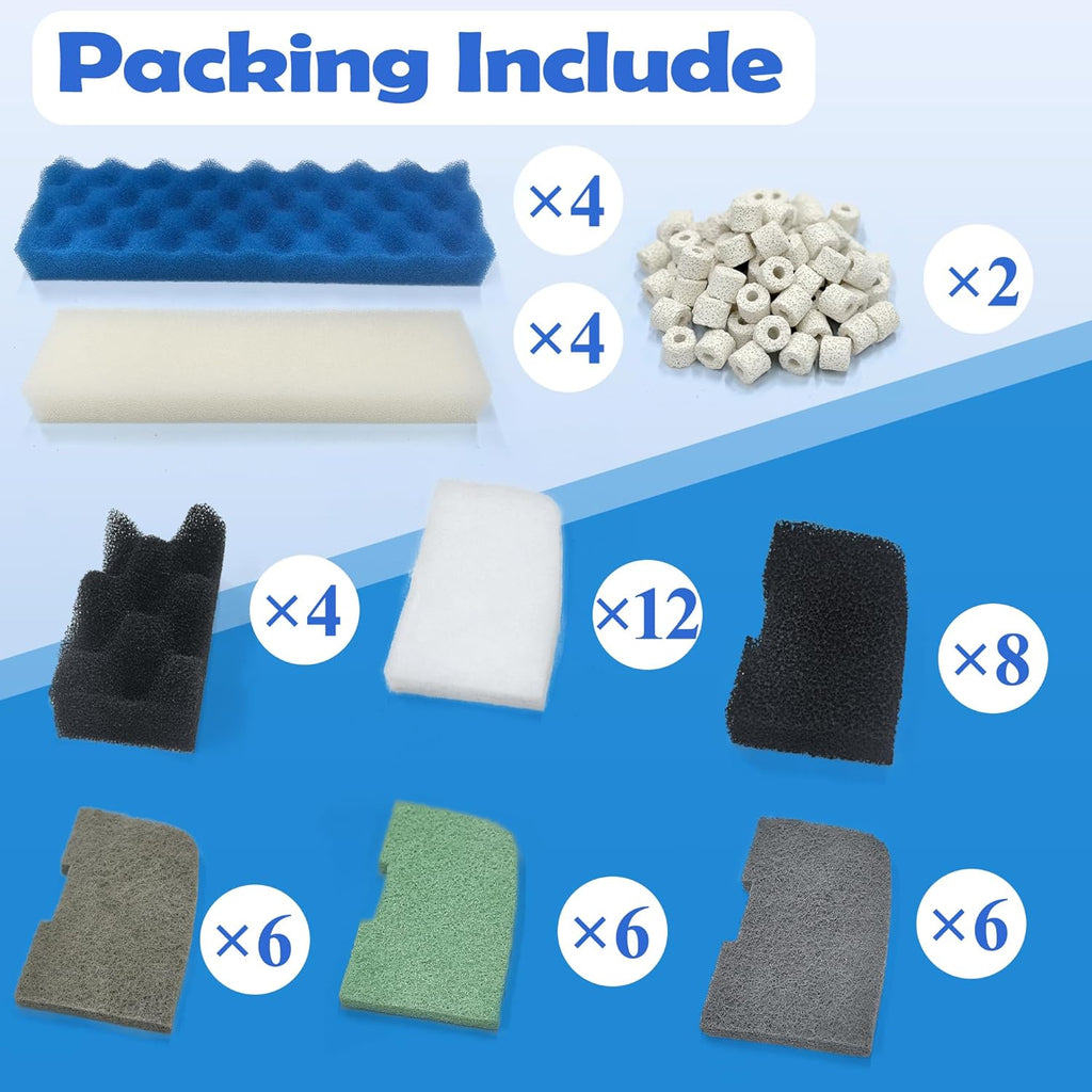 NewKe 52 Pack Filter Media Kit for Fluval 406/407 Canister Filters, Replacement Bio Foam, Nitrite/Phosphate/Ammonia Remover, Carbon, Ceramic Rings