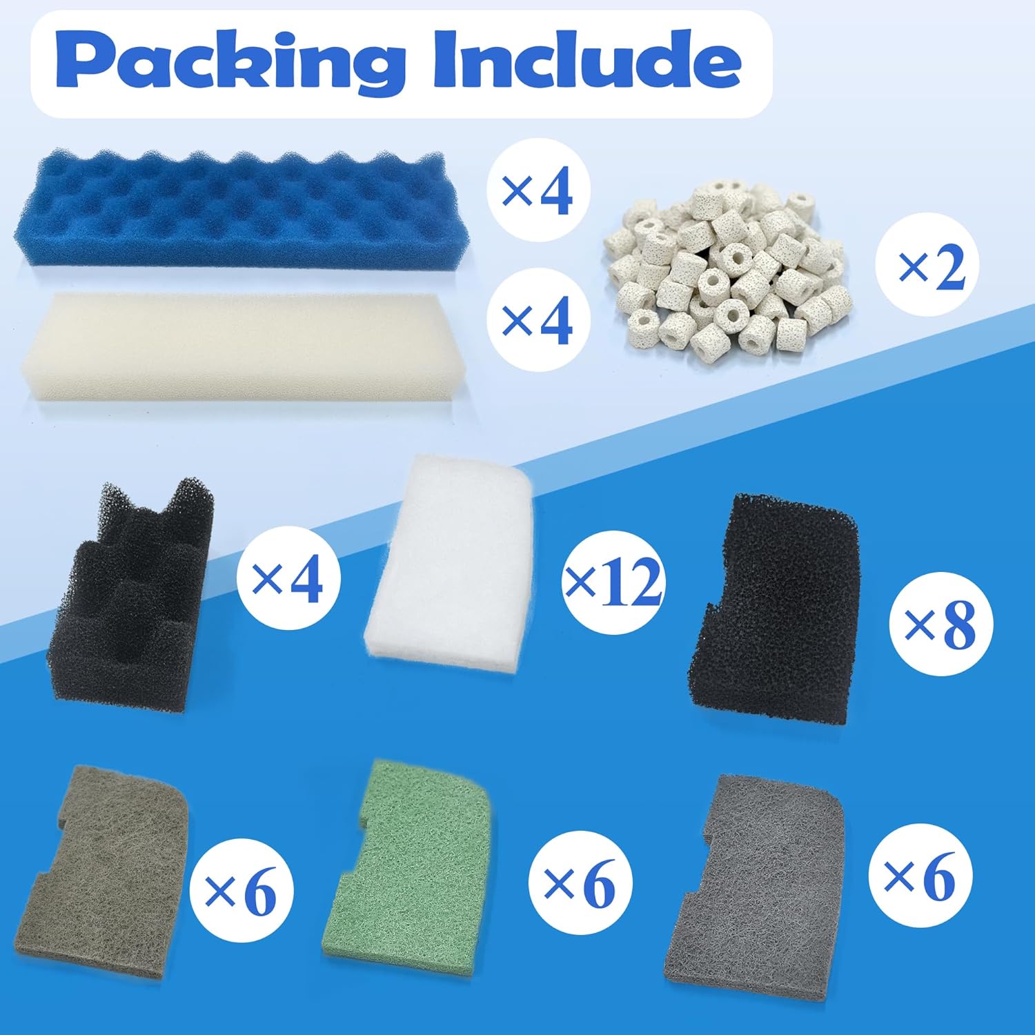 NewKe 52 Pack Filter Media Kit for Fluval 406/407 Canister Filters, Replacement Bio Foam, Nitrite/Phosphate/Ammonia Remover, Carbon, Ceramic Rings