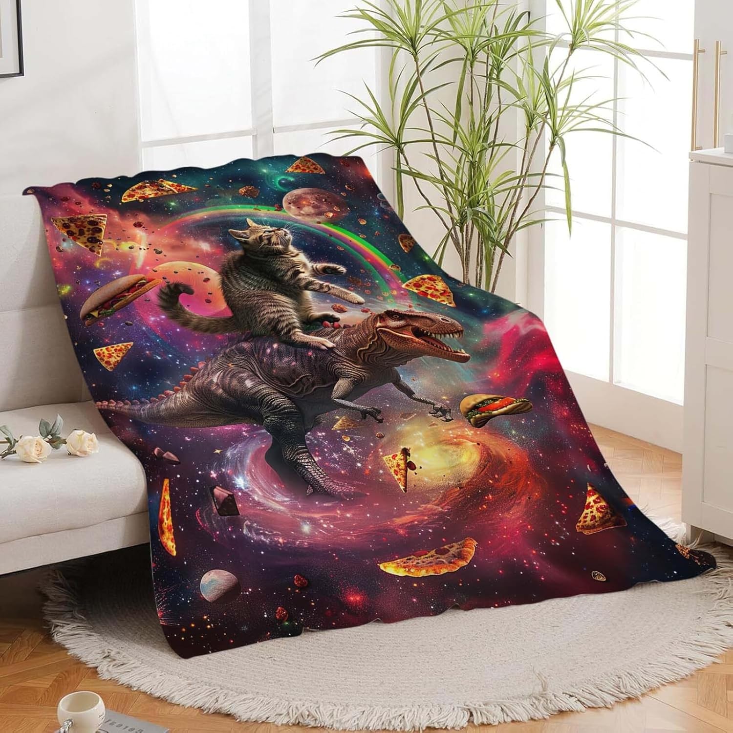 Dinosaur Cat Throw Blanket Funny Hamburger Pizza Dinosaur Cat Stuff Gifts for Kids Girls Boys Adults Women Man Soft Cozy Warm Plush Fluffy Fuzzy Fleece Blanket Decorr 40''X50''