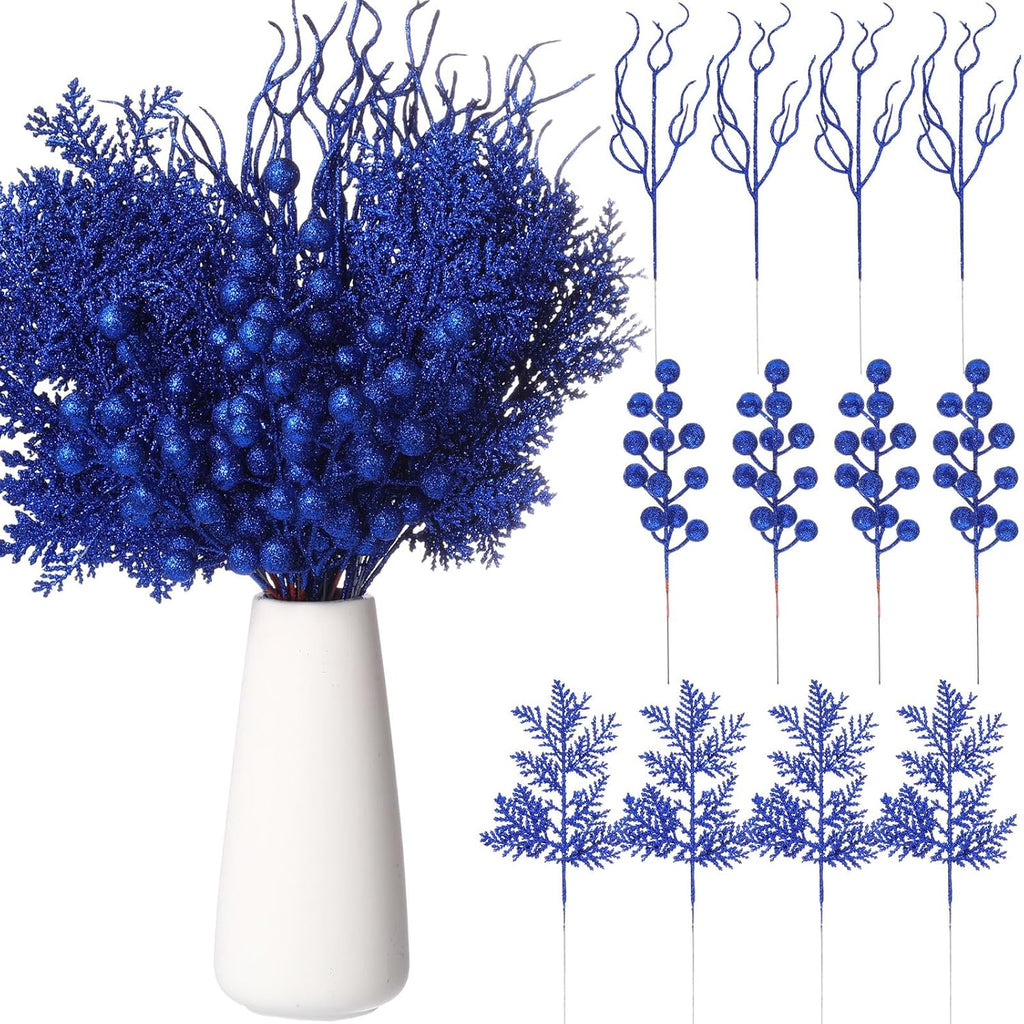 75 Pcs Christmas Glitter Branches 3 Styles Artificial Christmas Picks Berries Stems Pine Needles Floral Twig Spray for Xmas Tree Ornaments DIY Wreath Garland(Blue)