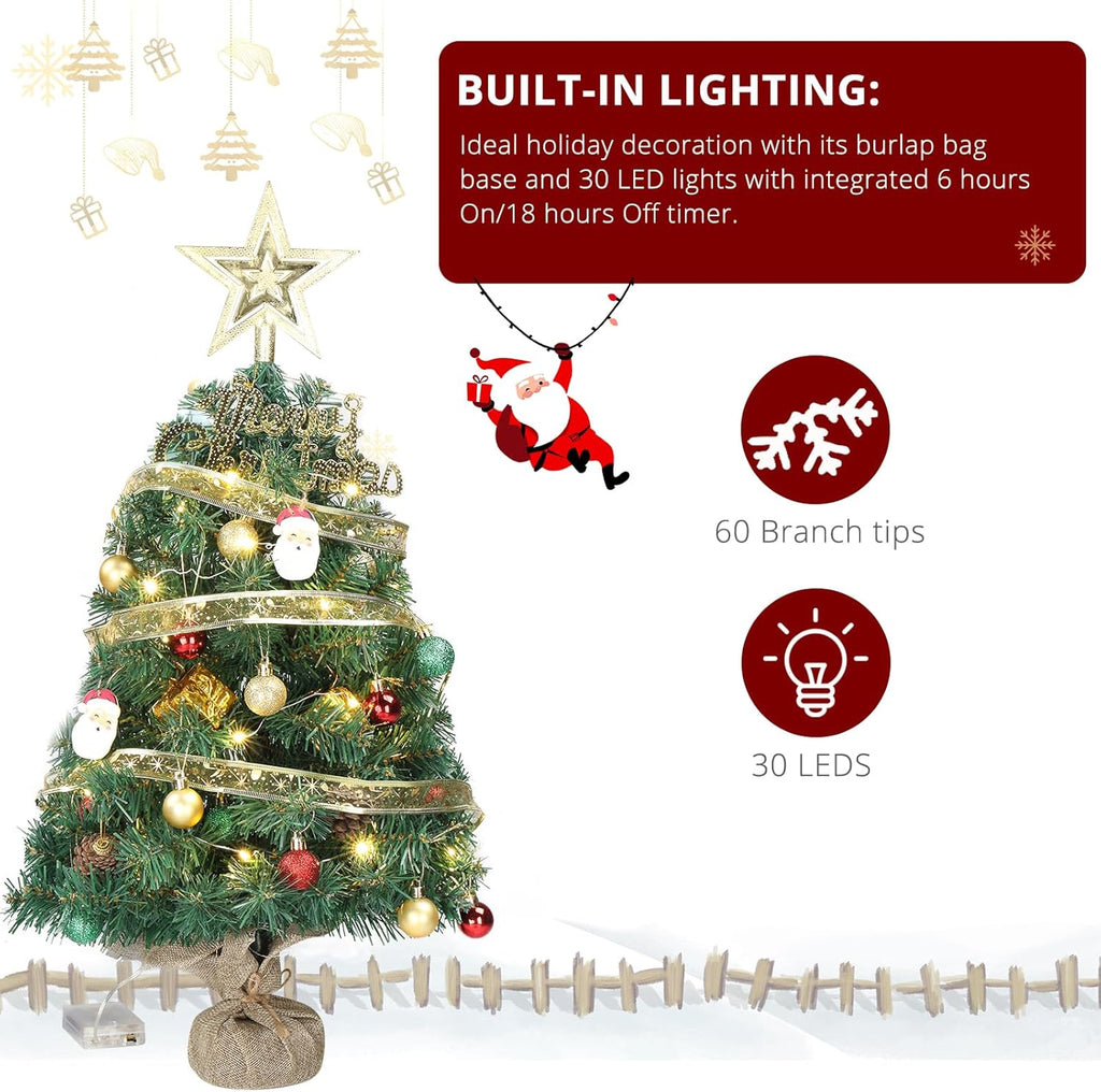20 in Pre-lit Artificial Mini Christmas Tree, Tabletop Small Xmas Pine Tree with Ornaments and 30 Warm Lights Battery Operated for Home Office Store Holiday Deco, Green