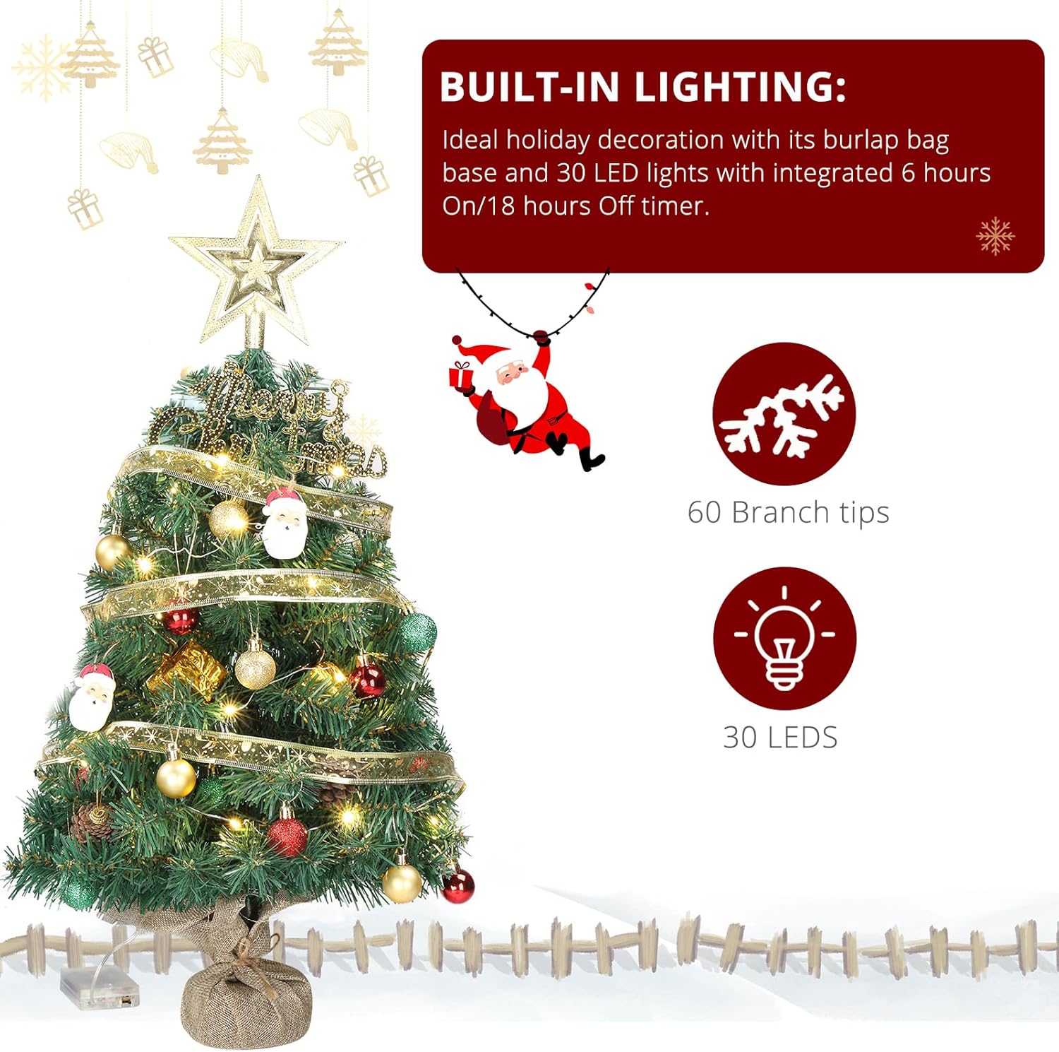 20 in Pre-lit Artificial Mini Christmas Tree, Tabletop Small Xmas Pine Tree with Ornaments and 30 Warm Lights Battery Operated for Home Office Store Holiday Deco, Green