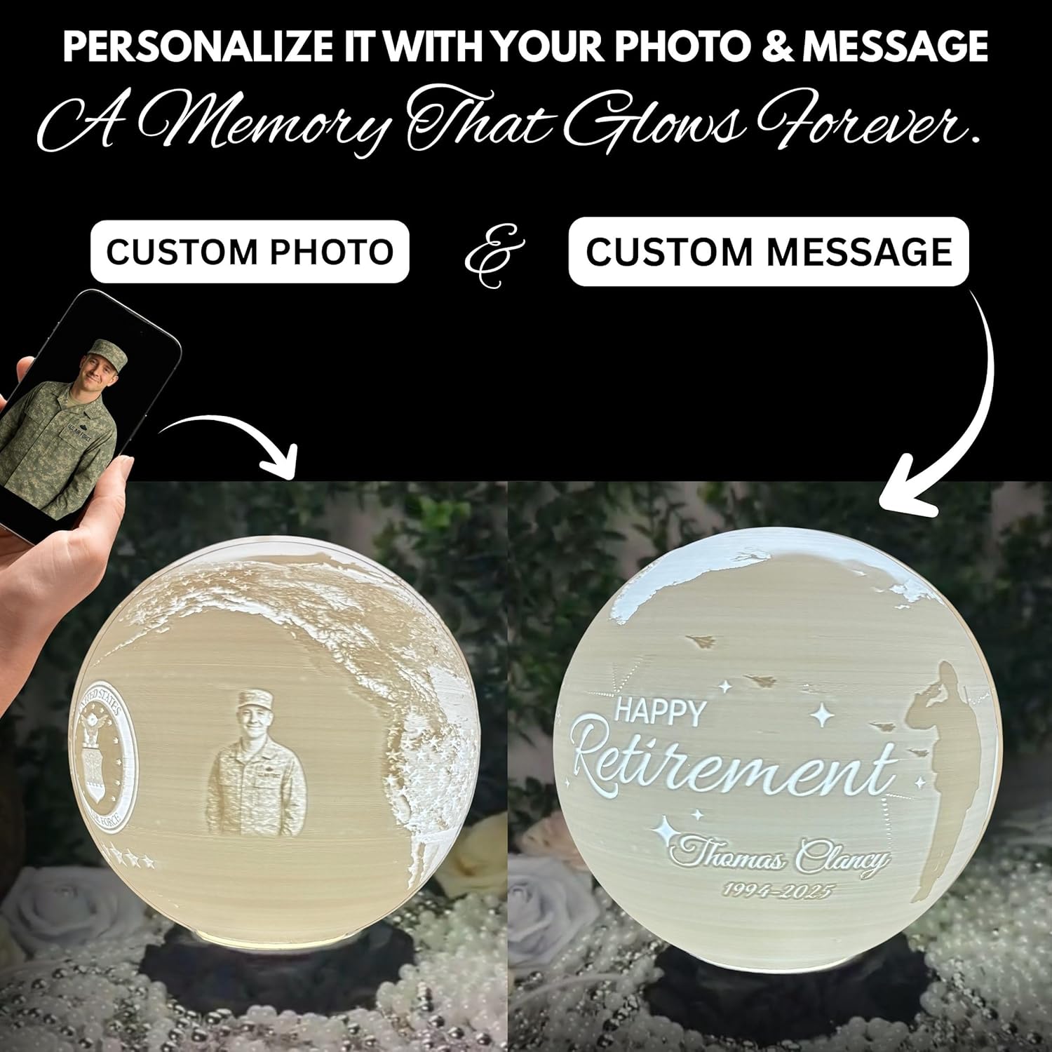 Personalized Air Force Custom Moon Lamp – Custom Military Moon Light with Photo & Text | USAF Veteran Gift for Airmen & Military Families | 3D Printed Night Light with U S Air Force Logo