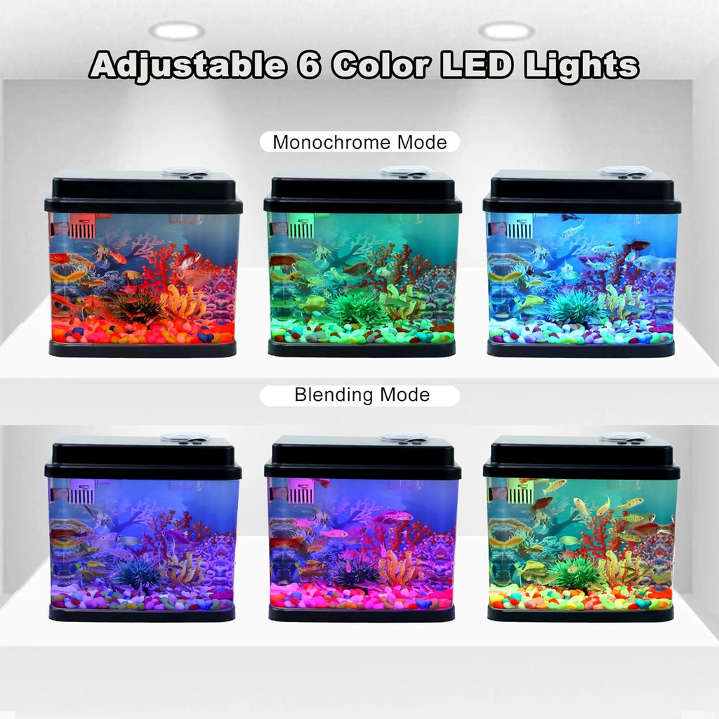 Mini Aquarium, 1 Gallon Small Fish Tank, 6-Color Adjustable LED Fish Bowl, 3-in-1 Dual-Mode Water Pump with Circulation, Oxygenation and Filtration,Ideal Gift and Decoration Choices