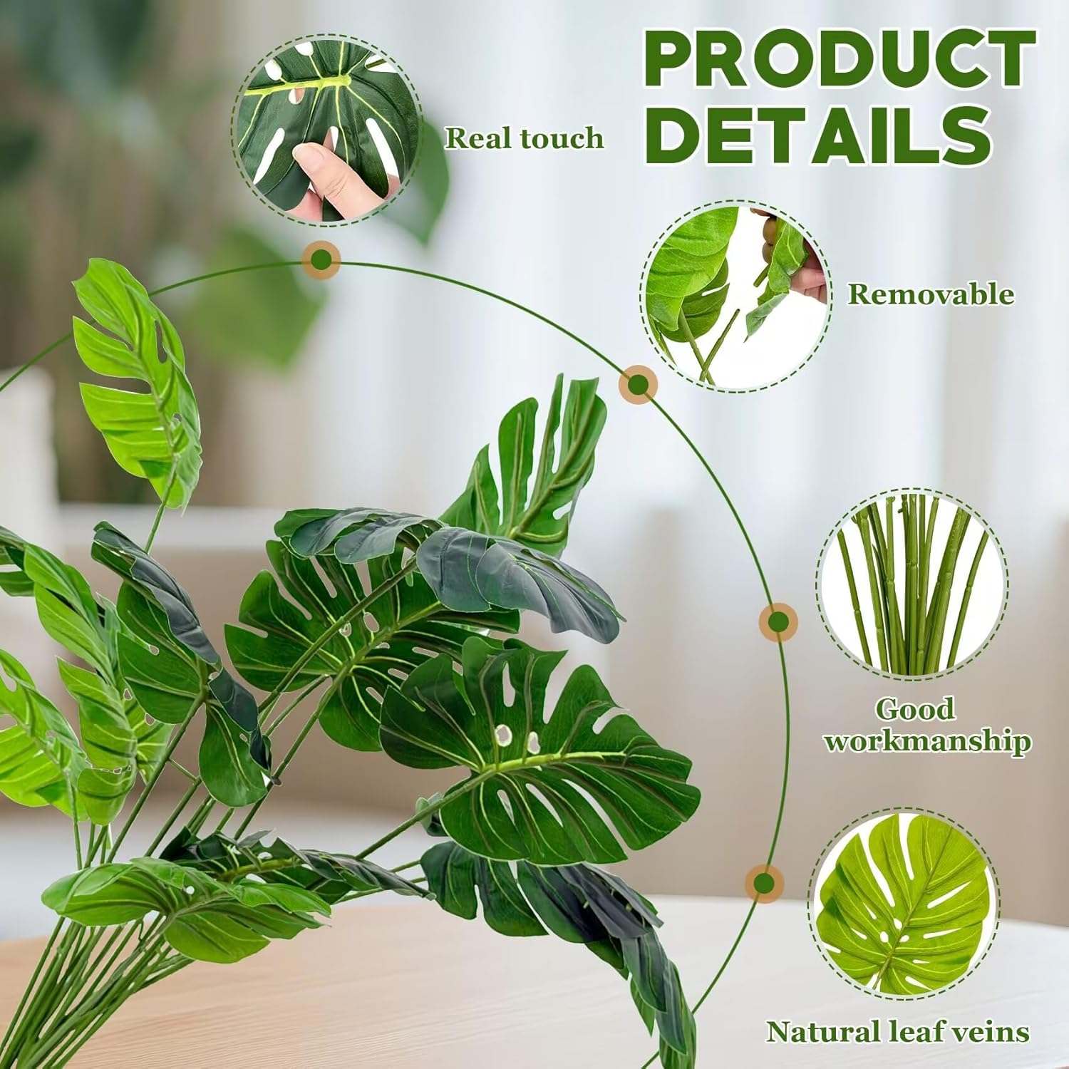 Artificial Palm Tree Leave Plants - 4PCS 28'' Tall Fake Plant Monstera Leaf Indoor Outdoor, Large Faux Floor Plant for Living Room, Bedroom Plants Decor, Bathroom Farmhouse Home House Decor