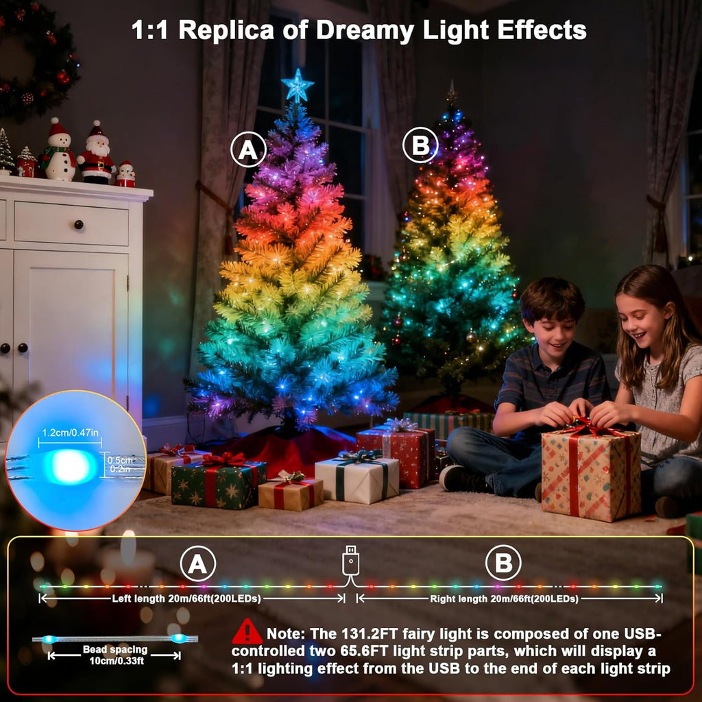 Smart Fairy Lights 131.2Ft, Color Changing led String Lights with Remote & APP Control, DIY RGB-IC Dynamic Multicolor Twinkle Light, Music Sync for Indoor Christmas Room Bedroom Party Decor