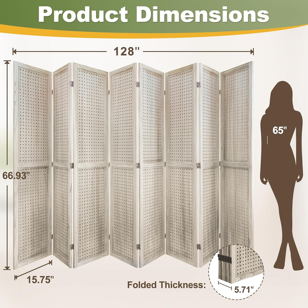 NicBex 8 Panel Pegboard Display,5.6FT Wood PegBoard Room Dividers,Folding Privacy Screens Portable Freestanding Display Board for Craft/Art Shows,Room Separation,Natural Wood