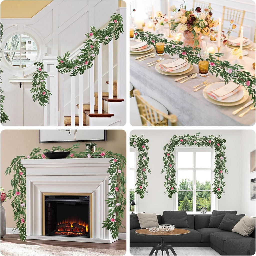 RECUTMS Artificial Hanging Willow Leaves Vine Twigs Whit Roses Flower 2Pc 5.7Ft Faux Ivy Plant Silk Green Leaf Rose Floral Garland Greenery Indoor Outdoor Wedding Jungle Birthday Party Garden Decor