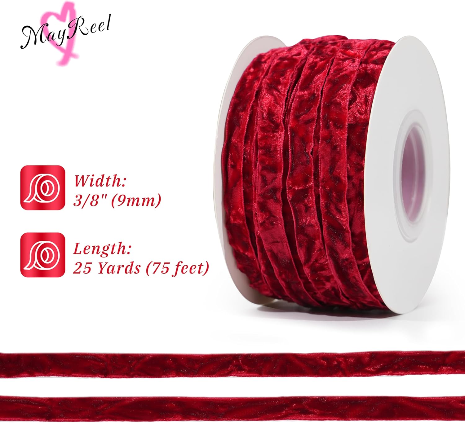 MAYREEL 3/8 Inch Red Crushed Velvet Ribbon Crimson Vintage for Flower Bouquets Wedding Invitations Crafts Gift Wrapping Christmas Decorations Party 25 Yards