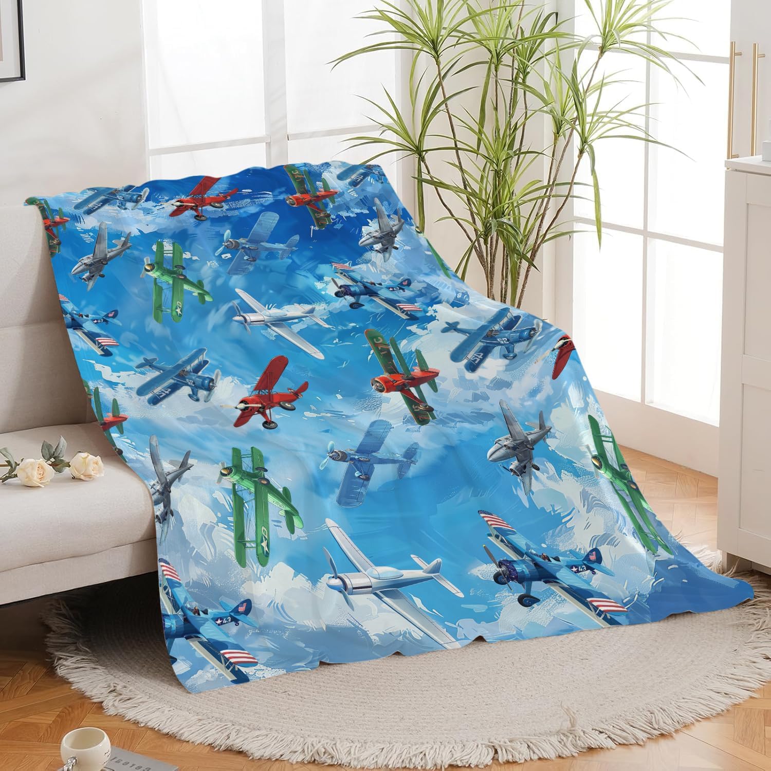 Airplane Blanket Cute Aircraft Plane Throw Blanket Gifts for Girls Women Kids Boys Adults Men Super Soft Cozy Plush Fluffy Fuzzy Fleece Blanket Home Decor 40''X50''
