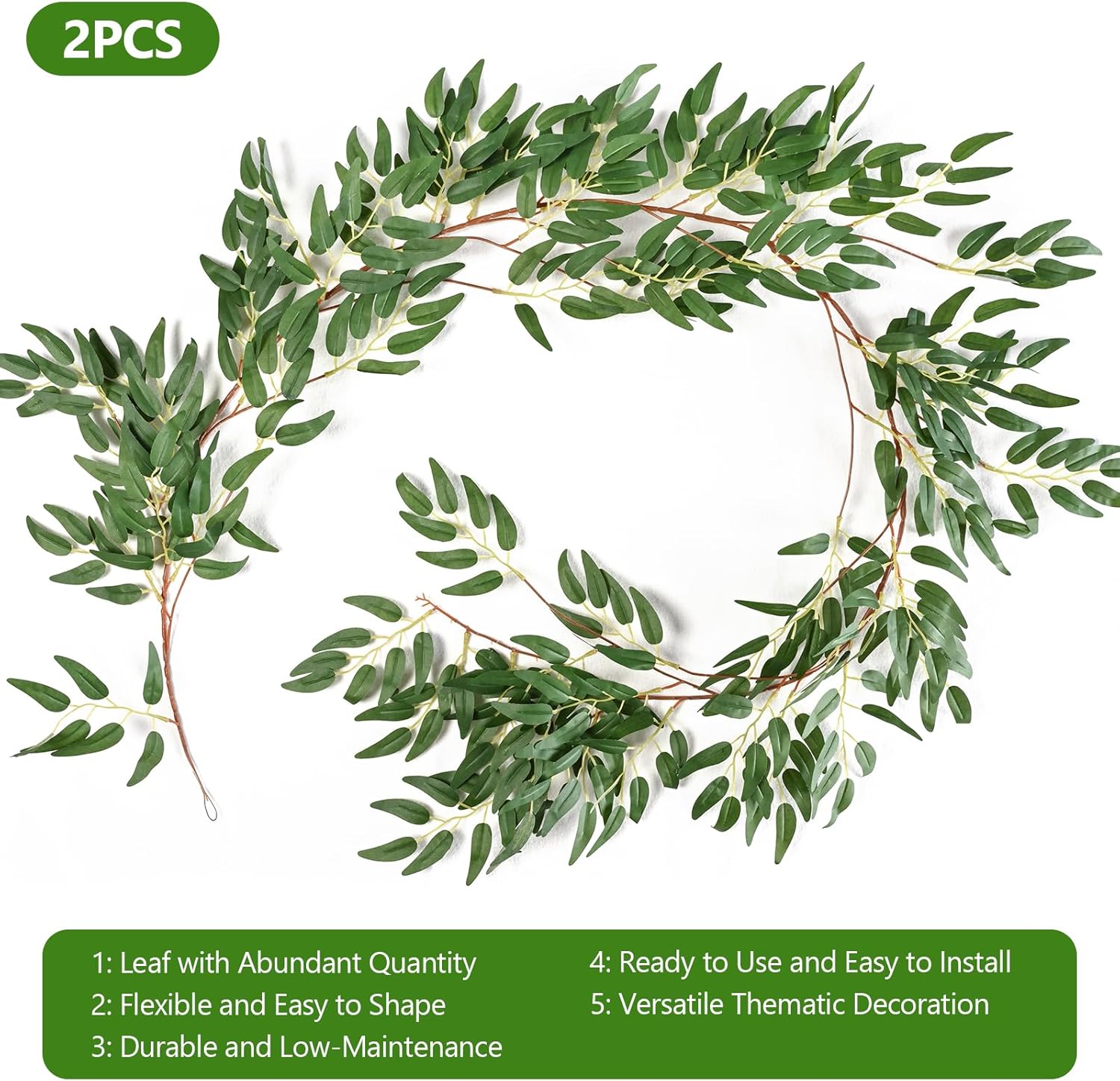 2PCS 5.7FT Fake Willow Leaves Vines Twigs, Artificial Hanging Italian Ruscus Greenery Garland Leaves, Faux Ivy Vines Willow Branches Plant Fern Garlands Skil for Indoor Realistic Outdoor Decoration