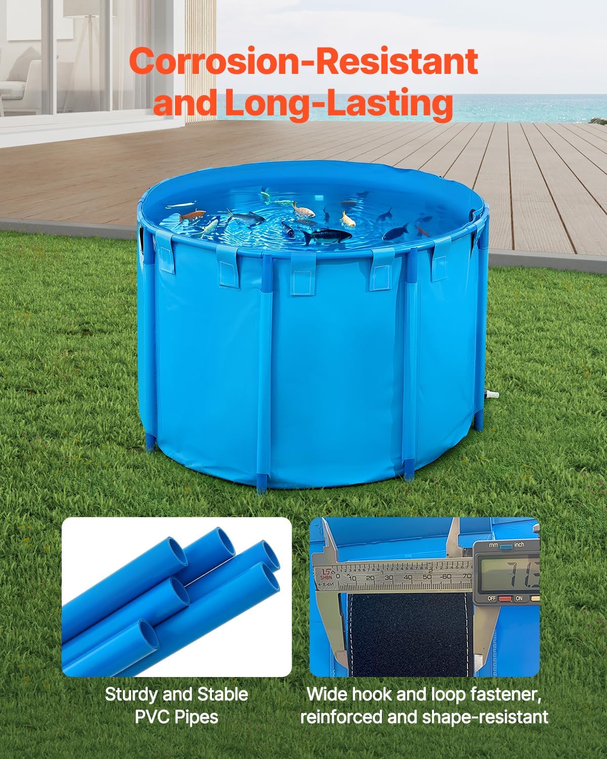 VEVOR KOI Aquarium Tank Above Ground Fish Pond, 450 Gallon Foldable Canvas Fish Pool Pond, Outdoor/Indoor Round No Dig Turtle Goldfish Pond with 304SS Frame and Drain Valve