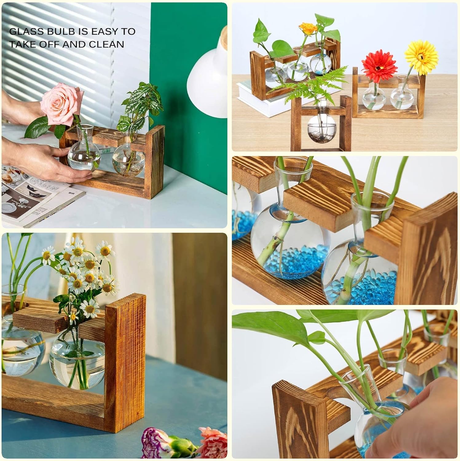 Kingbuy Glass Plant Terrarium - 3 Bulbs Propagation Station with Retro Wood Stand Indoor Garden Planter, Bulb Vase & Desktop Decor for Home Kitchen Wedding, Gift for Women & Plant Lover