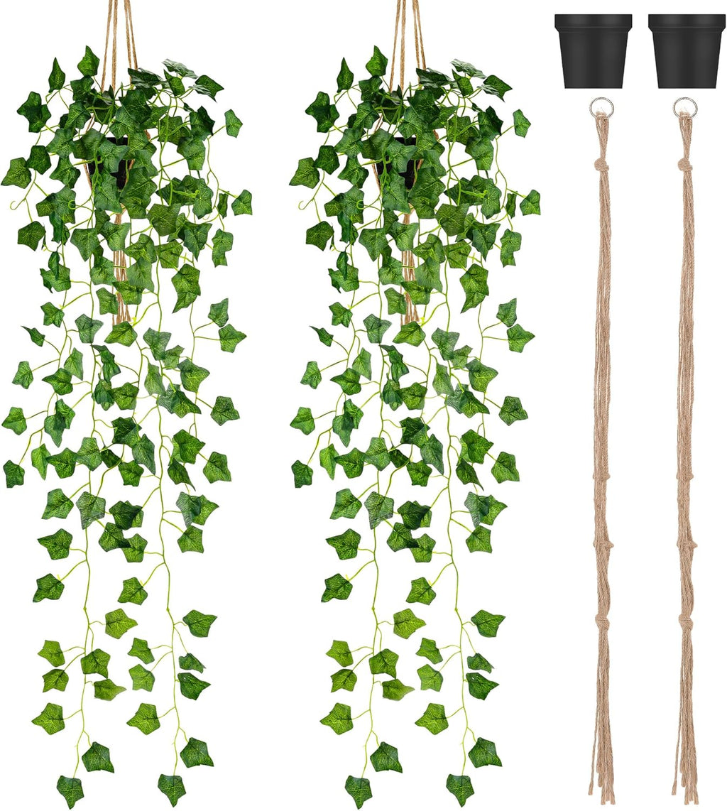 Folmywy 2 Pack Artificial Hanging Plants Vines with Pot Fake Greenery Potted Plant Realistic Ivy Vine Leaves Decoration for Wall Home Windowsill Shelf Living Room Indoor Outdoor Decor