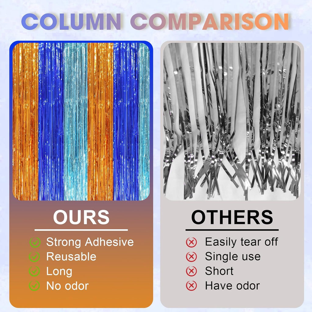 2 Pack Blue Orange Foil Fringe Backdrop Curtains, Tinsel Streamers Party Decorations, Fringe Backdrop, Door Shimmer for Birthday Party