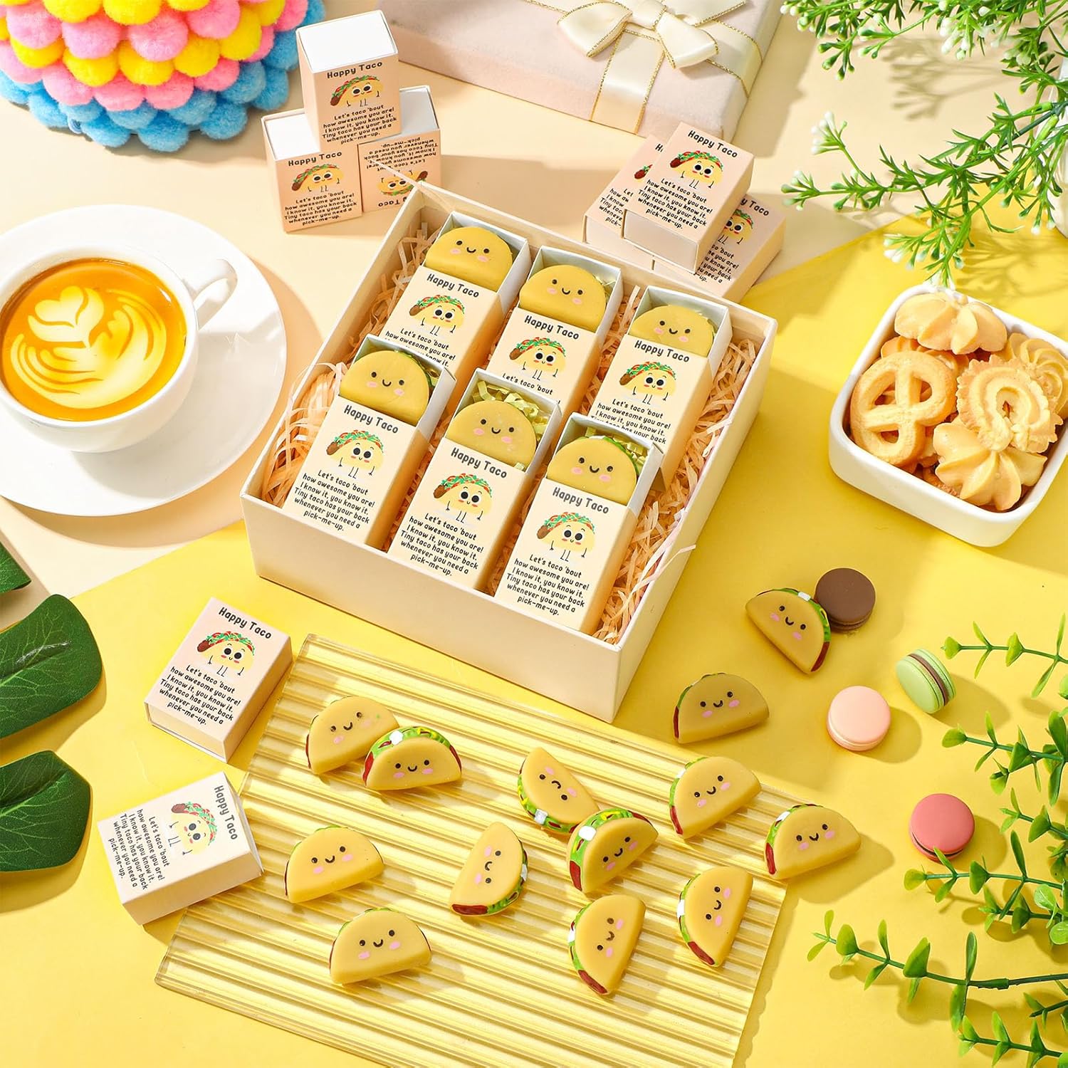 Wettarn 24 Sets Taco Appreciation Gifts Cute Stress Balls with Support Gift Boxes Inspirational Party Favors for Employee Coworker Friends Office Positive Relief Toys