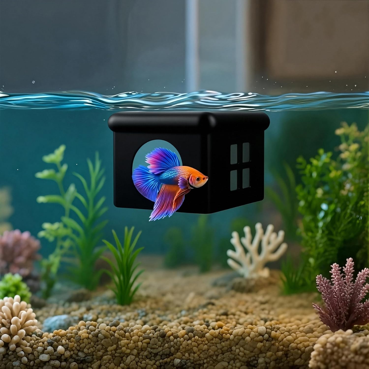 Black Floating Betta Fish Hideout with Window – Sleek 3D Fish Breeding Box & Shelter – Floating Feeding Platform for Betta Tanks – Rest Cave Decor for Small Aquariums (3.67"x2.87"x2.16")